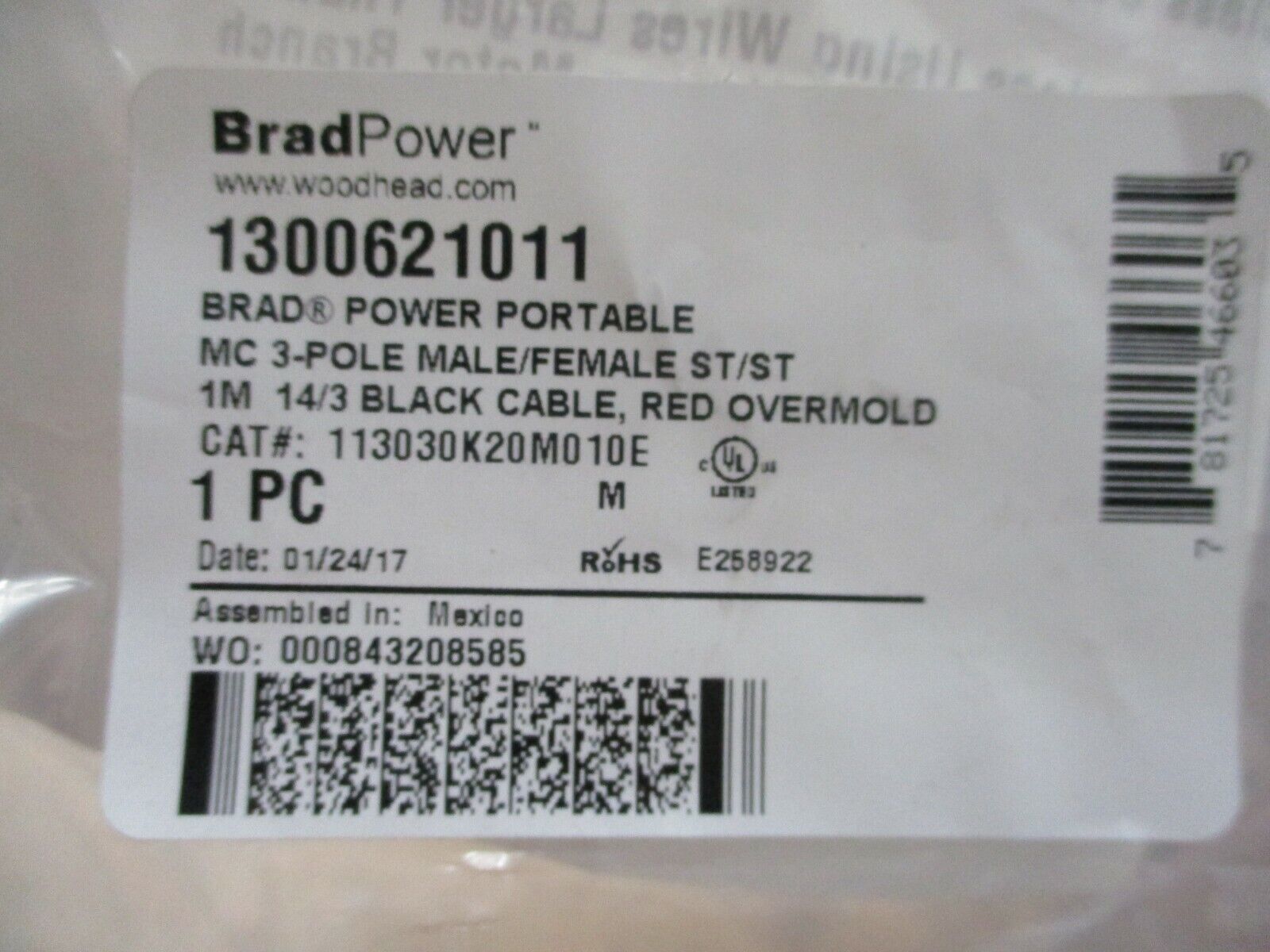 Brad Power Portable Double-Ended Cord Set 1300621011 CAT#: 113030K20M010E 3-Pole