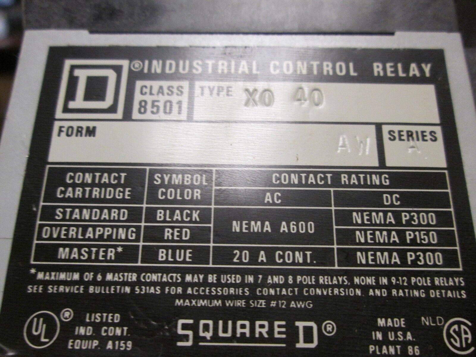 Square D  Timing Relay  8501XTE1  8501X040  .1-60 Sec  120V Coil  Used