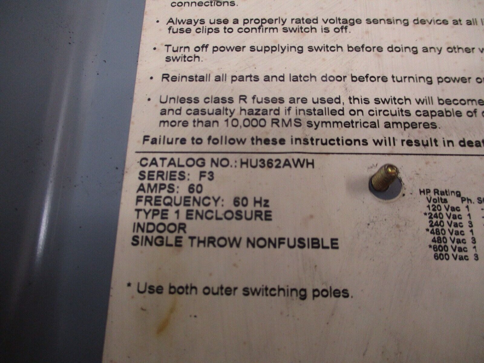 Square D Non-Fusible Safety Switch / Disconnect HU362AWH Ser. F3 60A 600V 60Hz