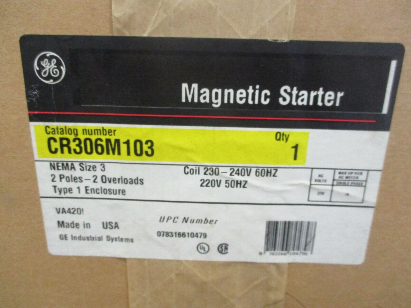 GE Size 3 Enclosed Starter CR306M103 230-240V Coil Type 1 Enclosure New Surplus