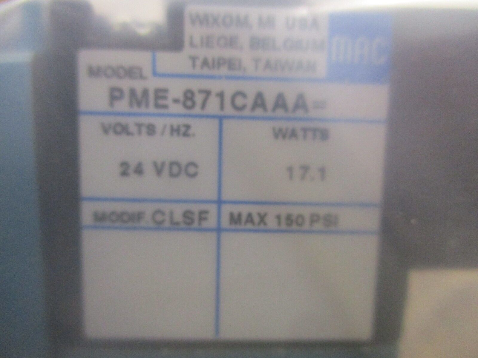 MAC Solenoid Valve 811C-PM-871CA-152 VAC-150 PSI New Surplus
