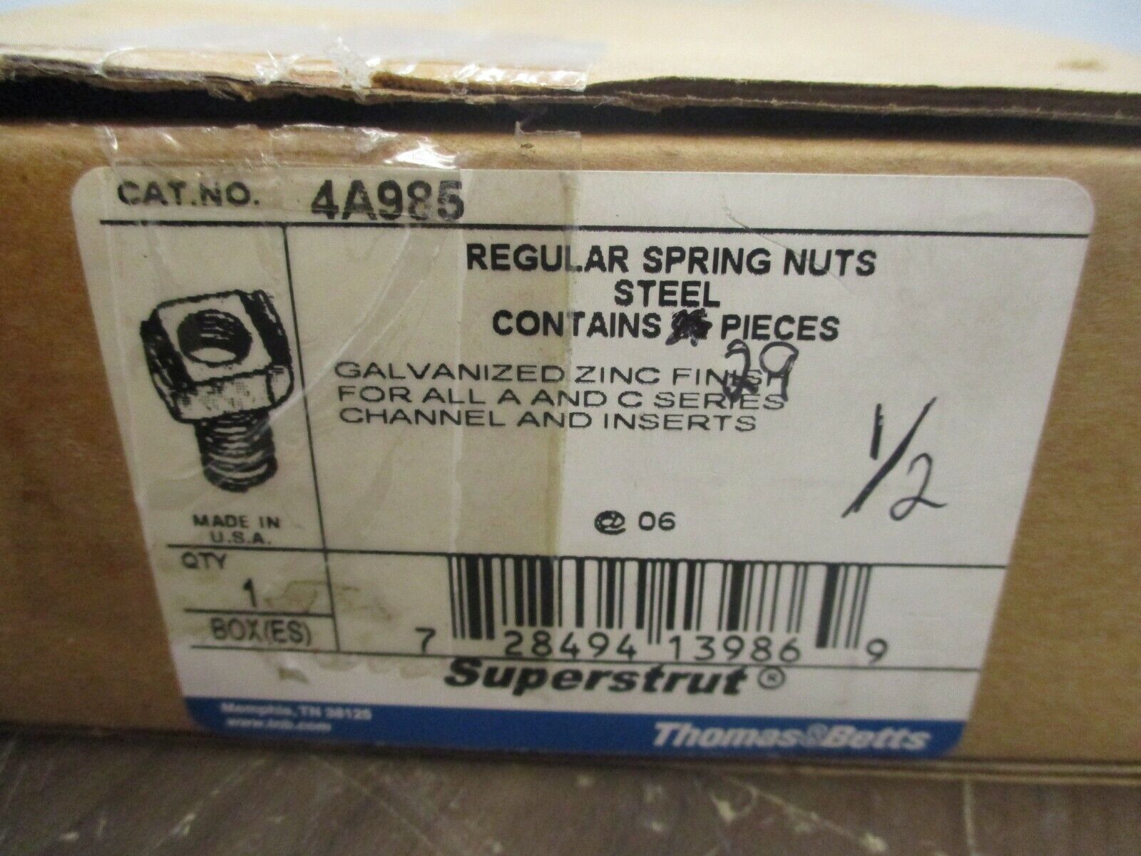 Thomas &  Betts Superstrut Spring Nut 4A985 Galvanized Steel 1/2" *Box of 29*