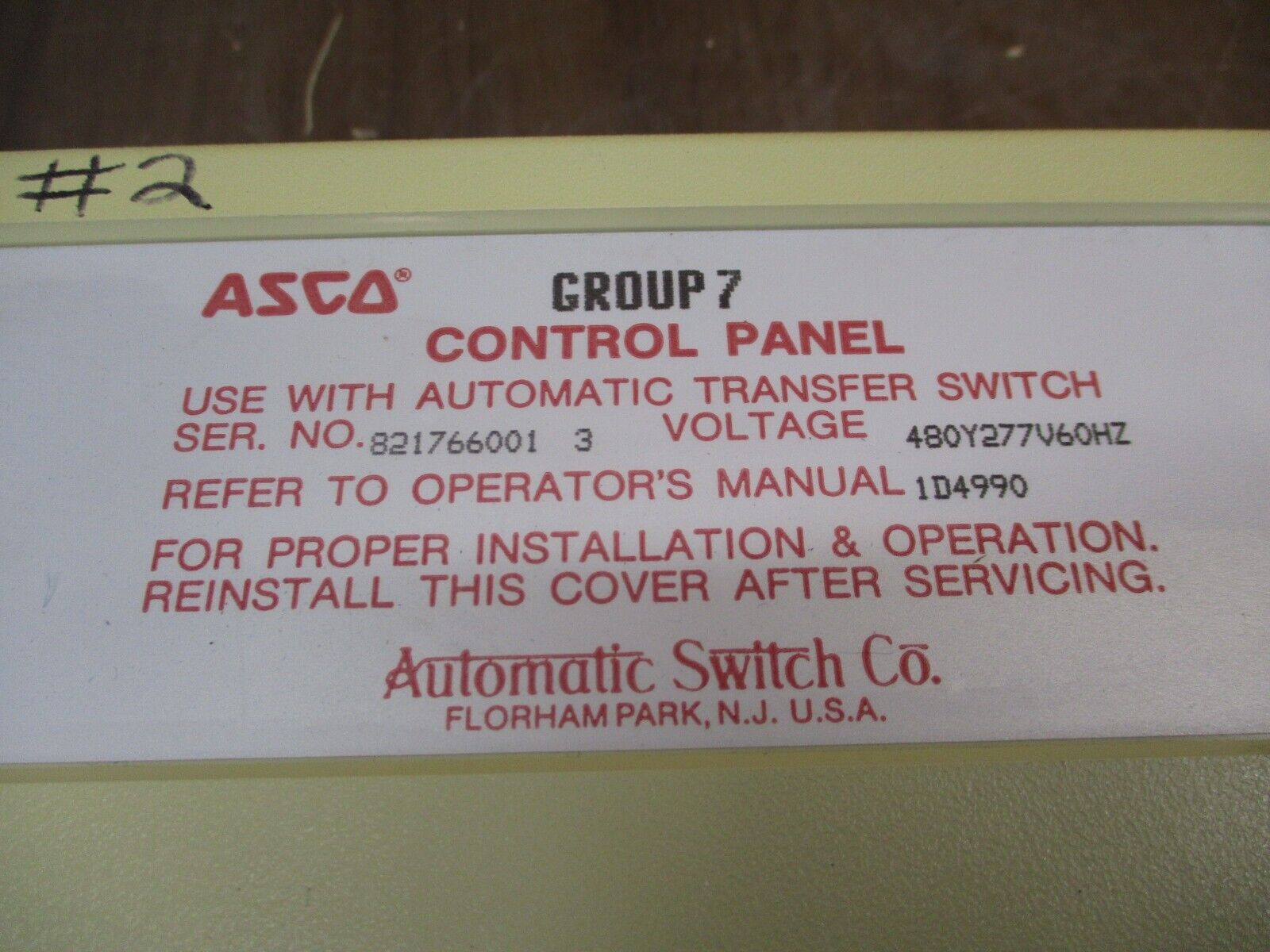 Asco Group 7 Control Panel JS459666-005 480Y/277V 60Hz Used