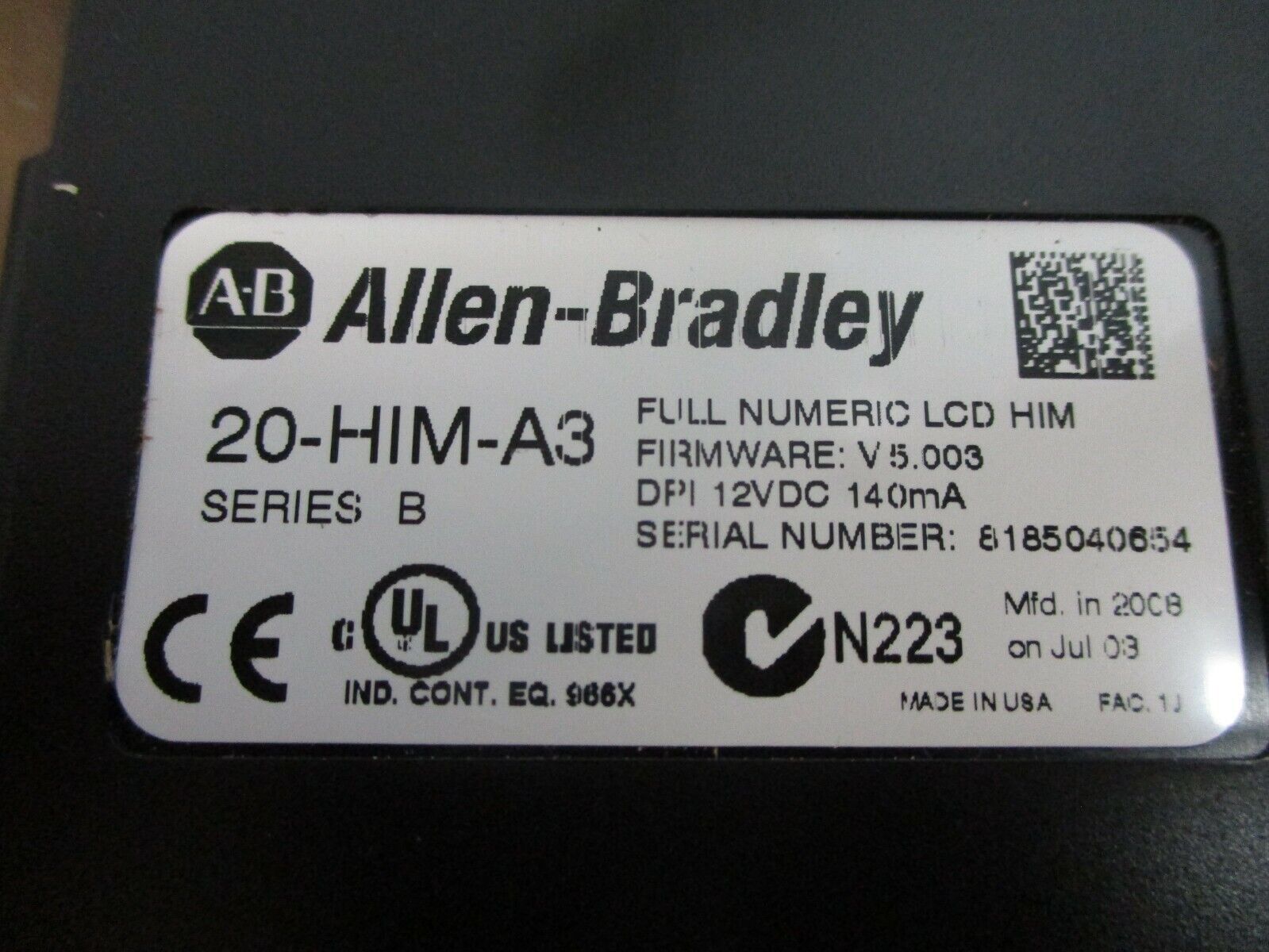 Allen-Bradley Keypad w/ External Mount 20-HIM-A3 Ser. B F/W: V5.003. Used.