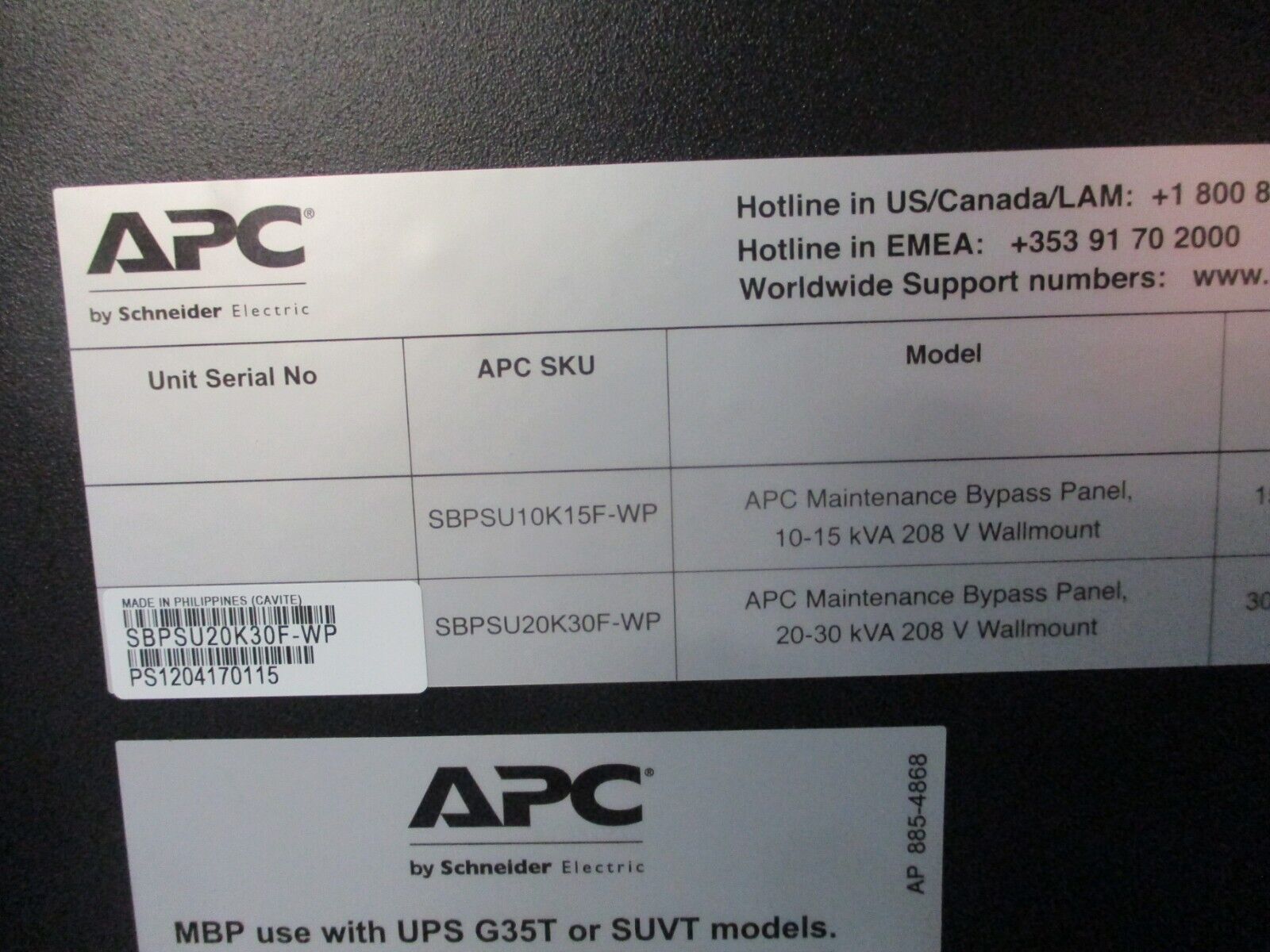 APC Maintenance Bypass Panel SBPSU20K30F-WP 30kVA/24kW 208Y/120V 60Hz 4W+G Used