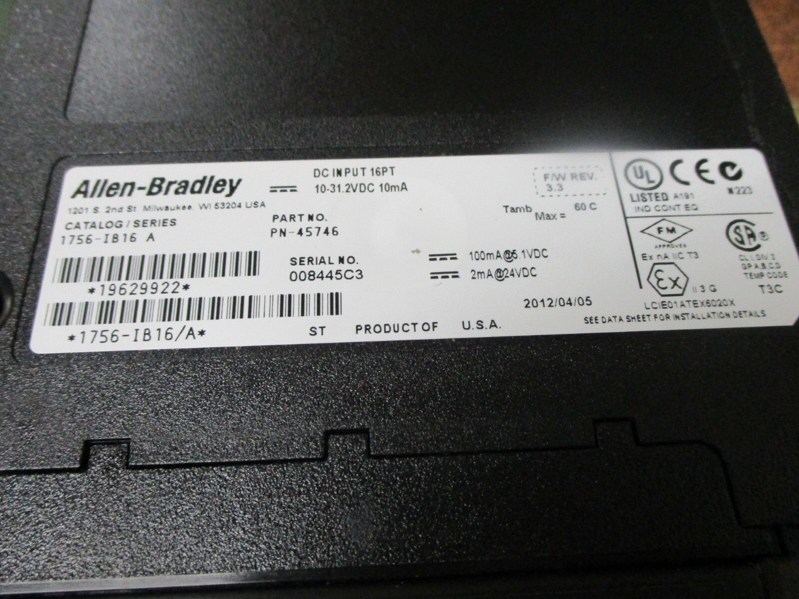 Allen-Bradley DC Input Module 1756-IB16 Series A F/W Rev. 3.3 16 pt Used