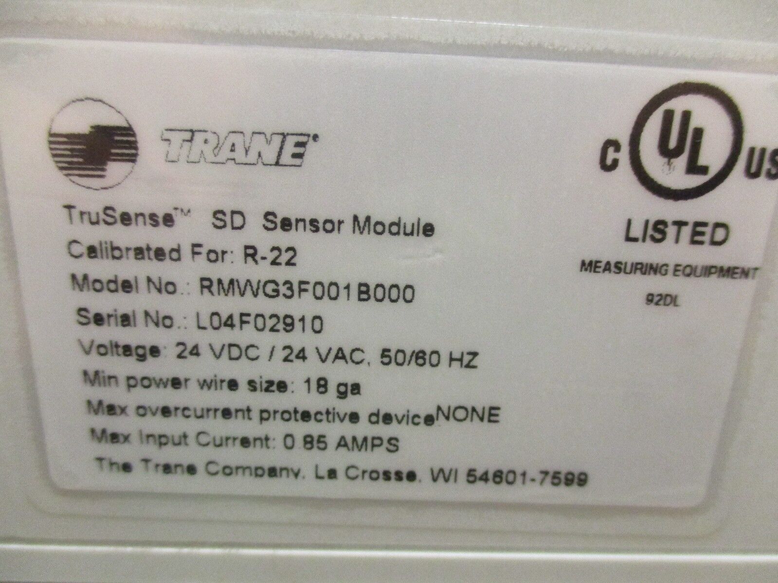 Trane TruSense SD Refrigerant Monitor RMWG3F001B000 24VDC/VAC 50/60Hz 0.85A Used