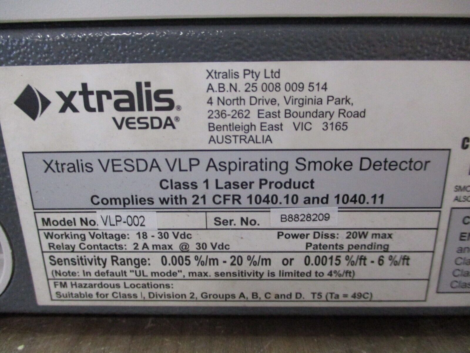 Xtralis Vesda VLP Aspirating Smoke Detector VLP-002 18-30VDC Used