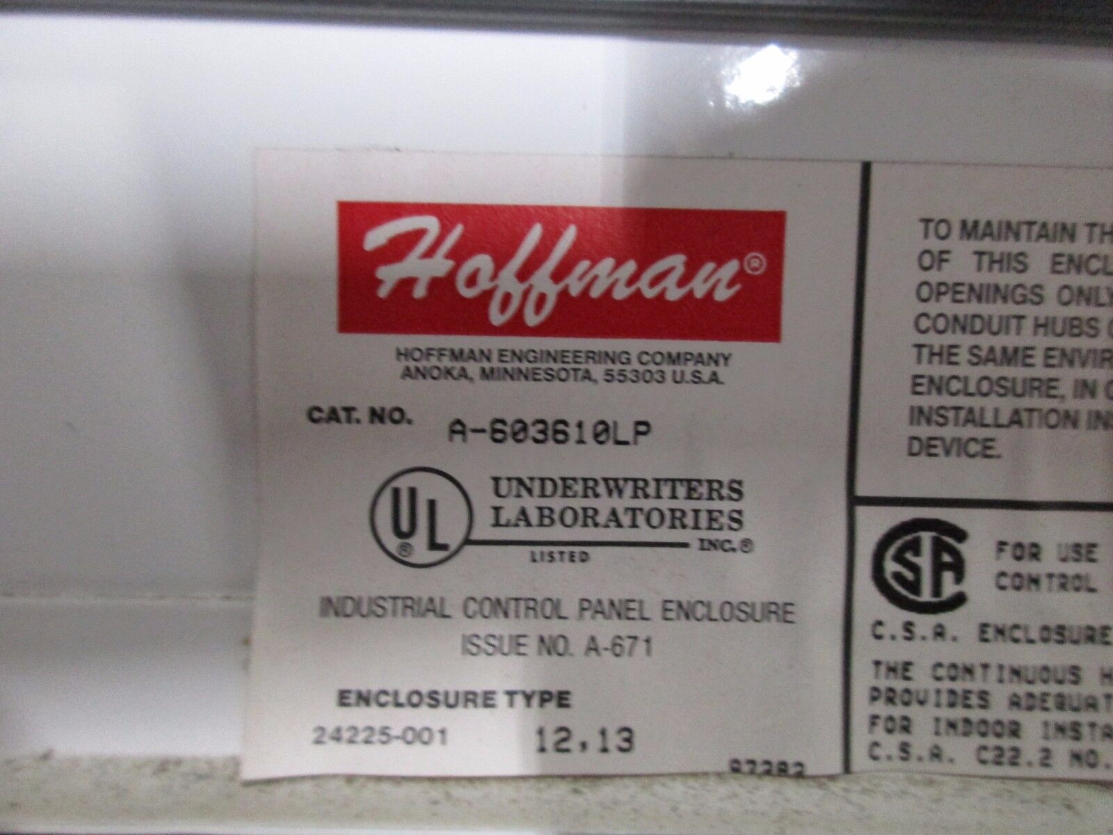 Hoffman Enclosure A-603610LP Type 12, 13 Size: 60 x 36 x 10" Used