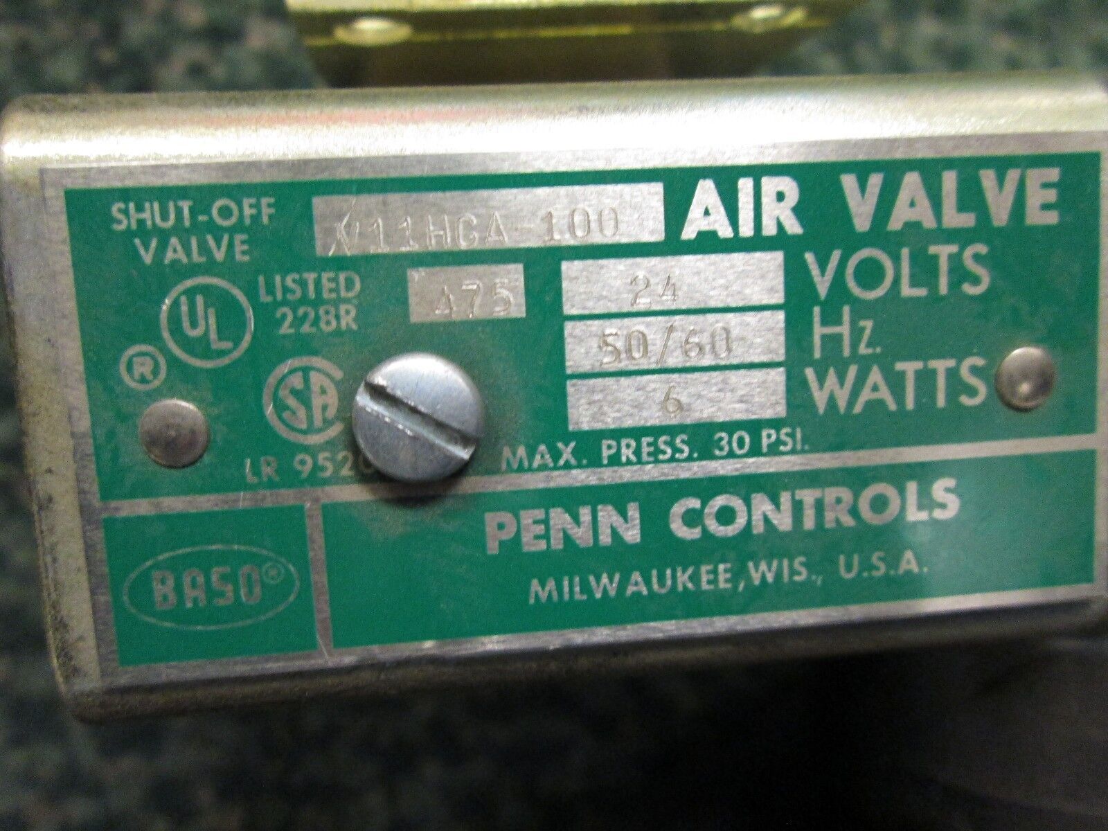 Penn Controls Air Valve V11HGA-100 24V 50/60Hz 6W Max Pressure 30PS Used