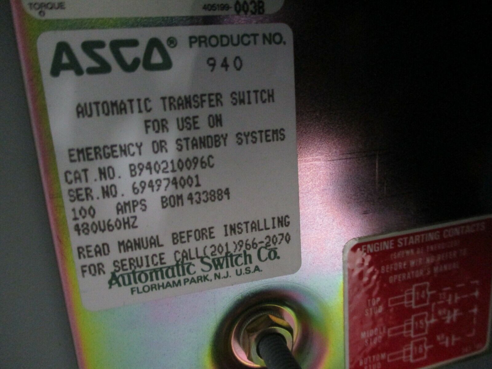 ASCO Automatic Transfer Switch B940210096C 100A 480V 60Hz Used