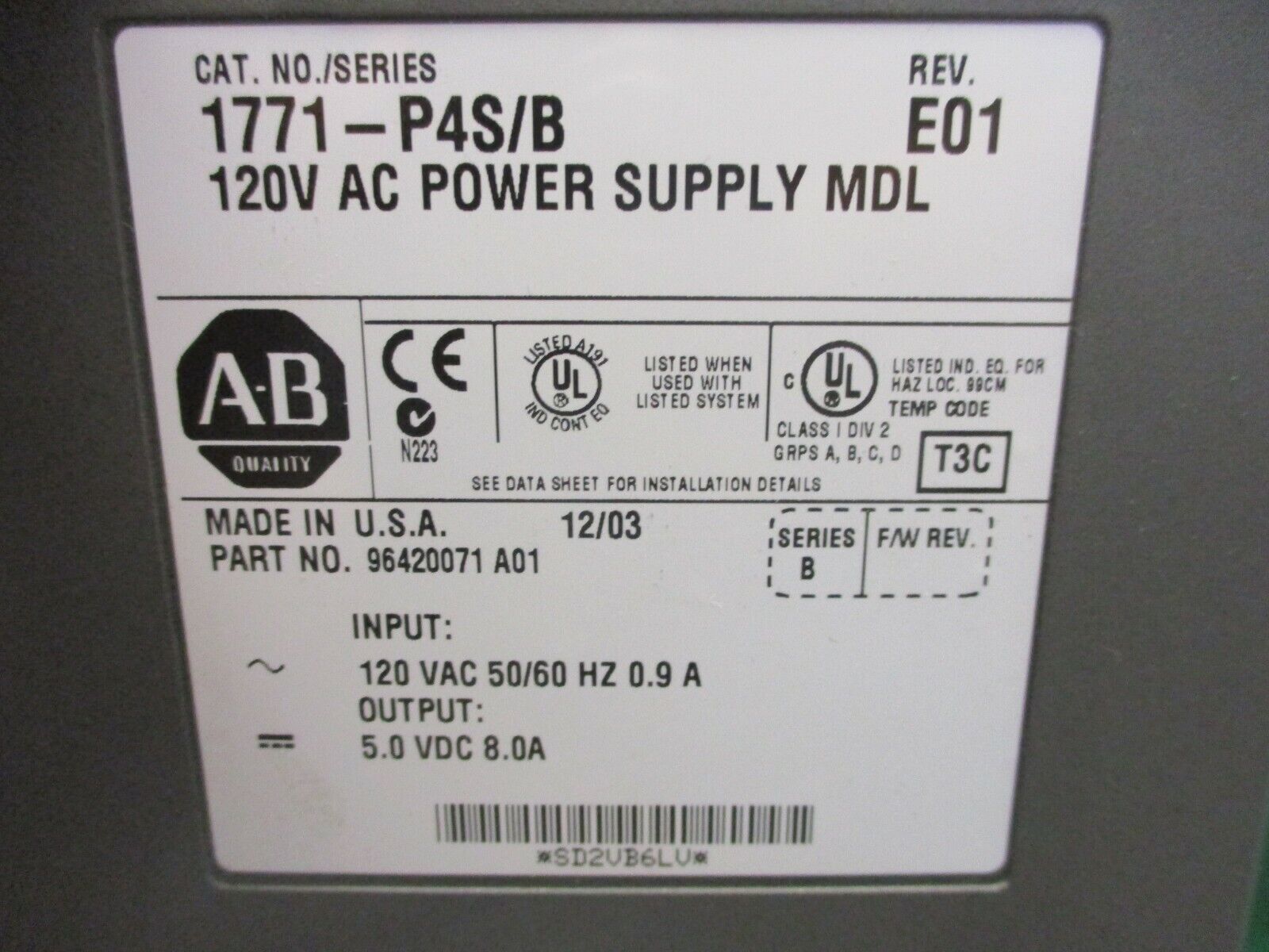 Allen-Bradley AC Power Supply Module 1771-P4S In: 120VAC 0.9A Out: 5VDC Ser. B