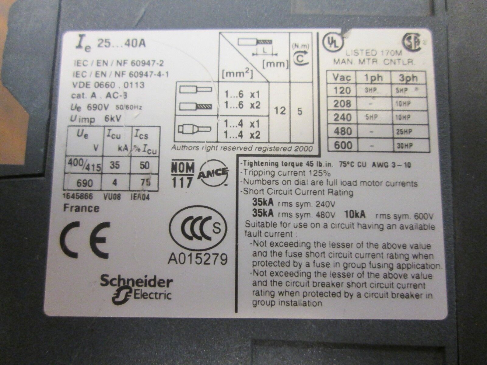 Telemecanique Manual Starter GV3ME40 Range: 25-40A Used