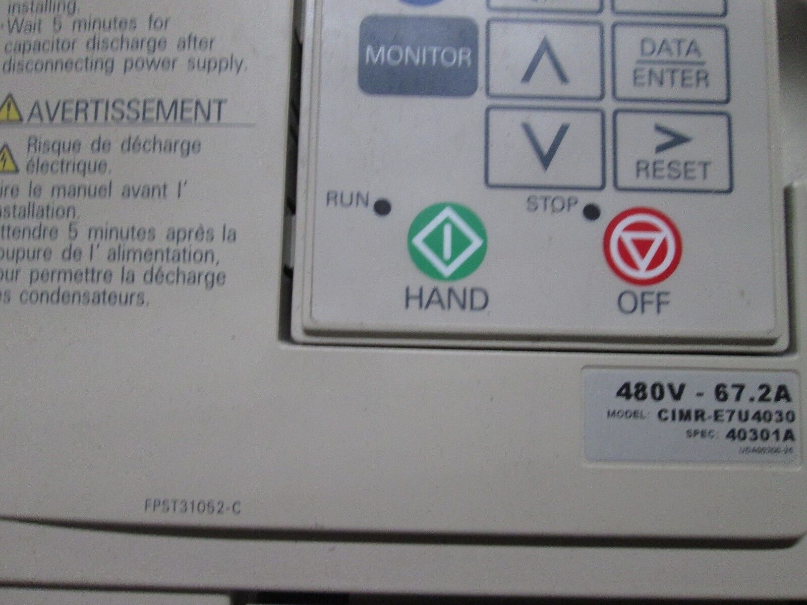 Yaskawa E7 AC Drive CIMR-E7U4030 50HP 3Ph In: 380-480V Out: 0-480V 67.2A Used
