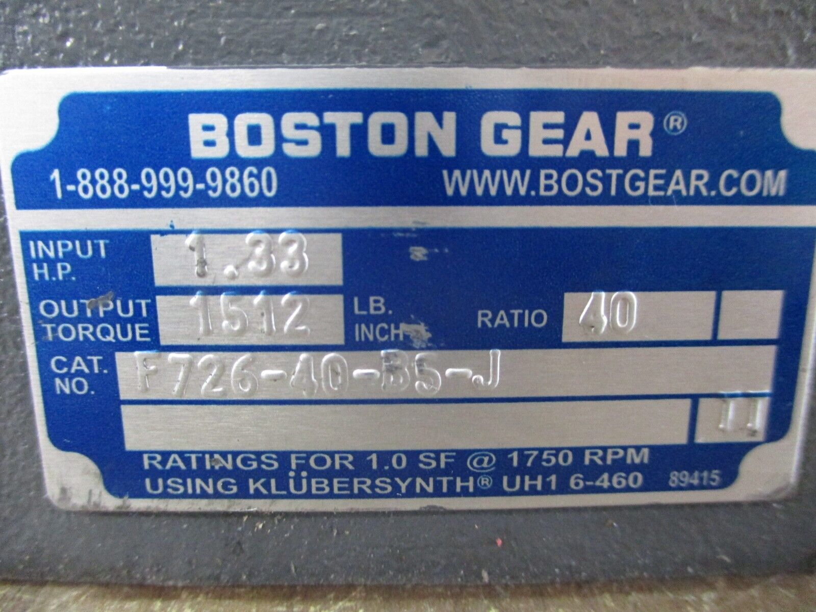 Boston Gear Reducer F726-40-B5-J Ratio 40:1 1.33 HP 1750 RPM In *No Box*