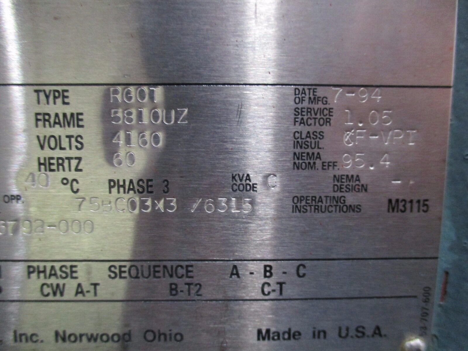 Siemens Induction Motor RGOT 840HP 3600RPM 4160V 102A 5810UZ Frame 3Ph 60Hz WPII