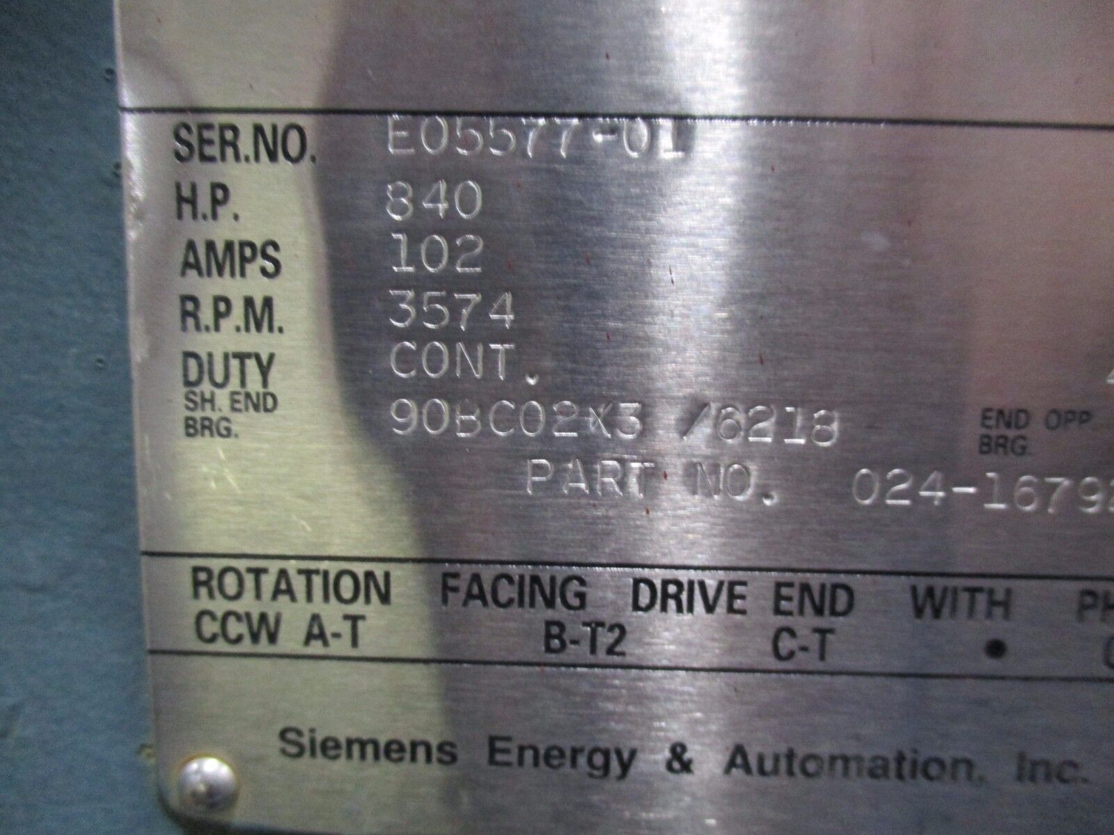 Siemens Induction Motor RGOT 840HP 3600RPM 4160V 102A 5810UZ Frame 3Ph 60Hz WPII