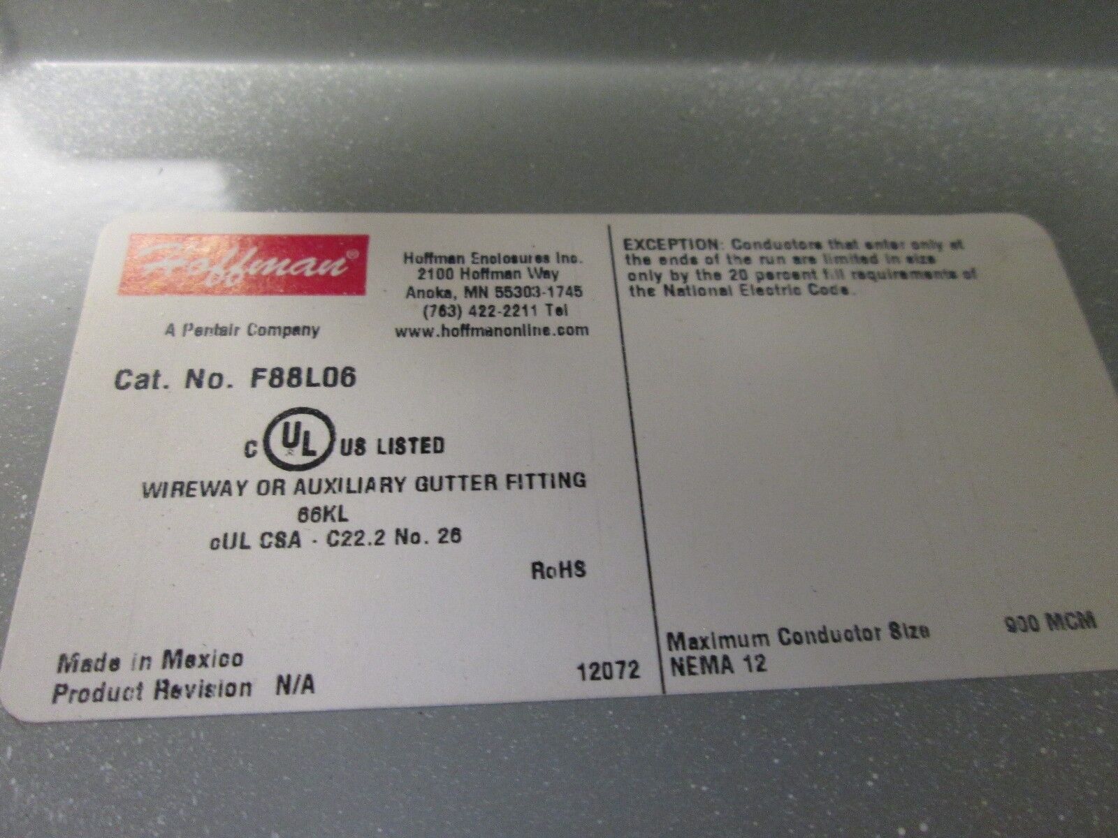 Hoffman Wireway Straight Section F88L06 Size: 8x8x6" Used