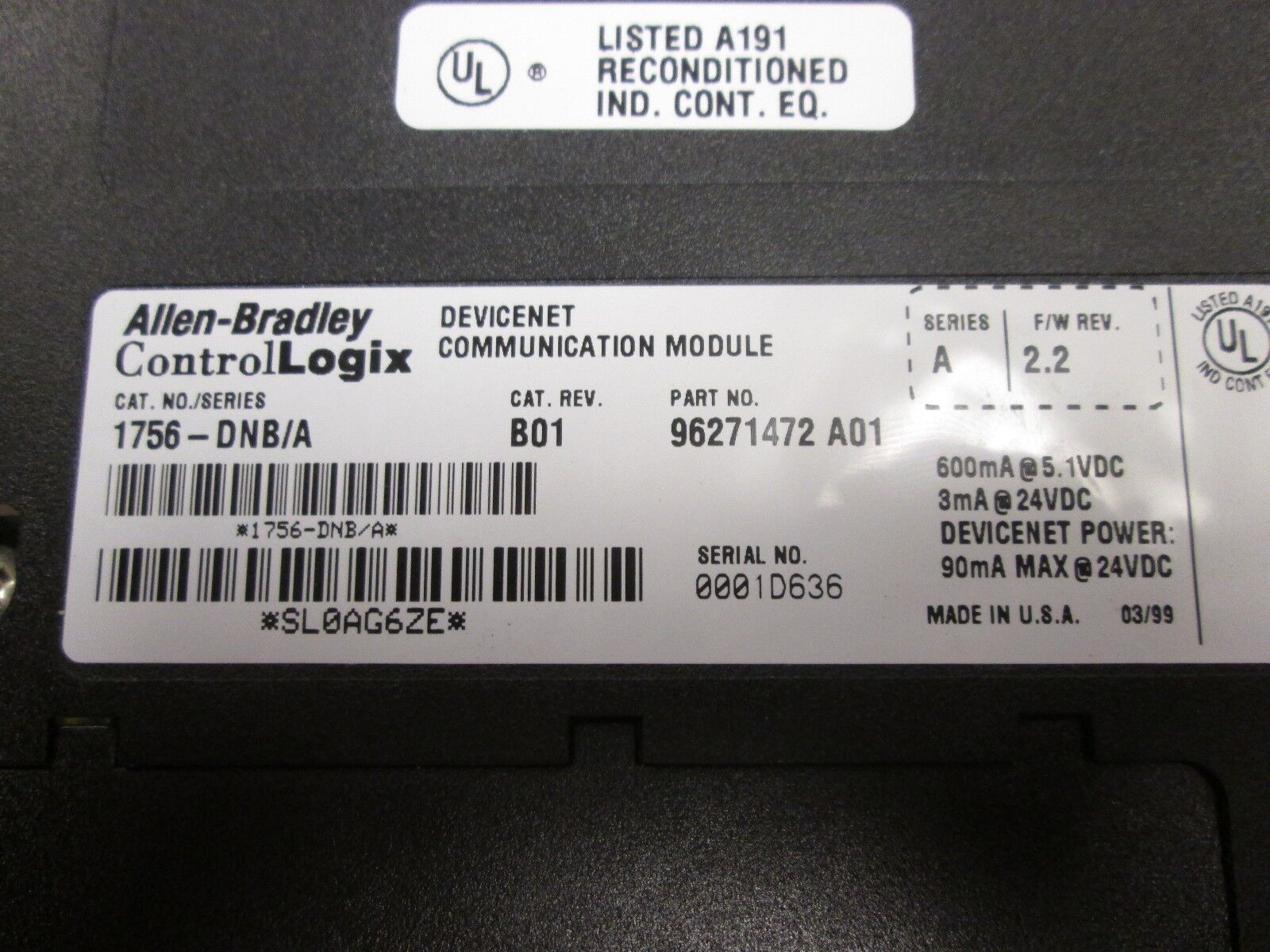 Allen-Bradley ControlLogix DeviceNet Comm Module 1756-DNB/A CAT Rev B01 Used