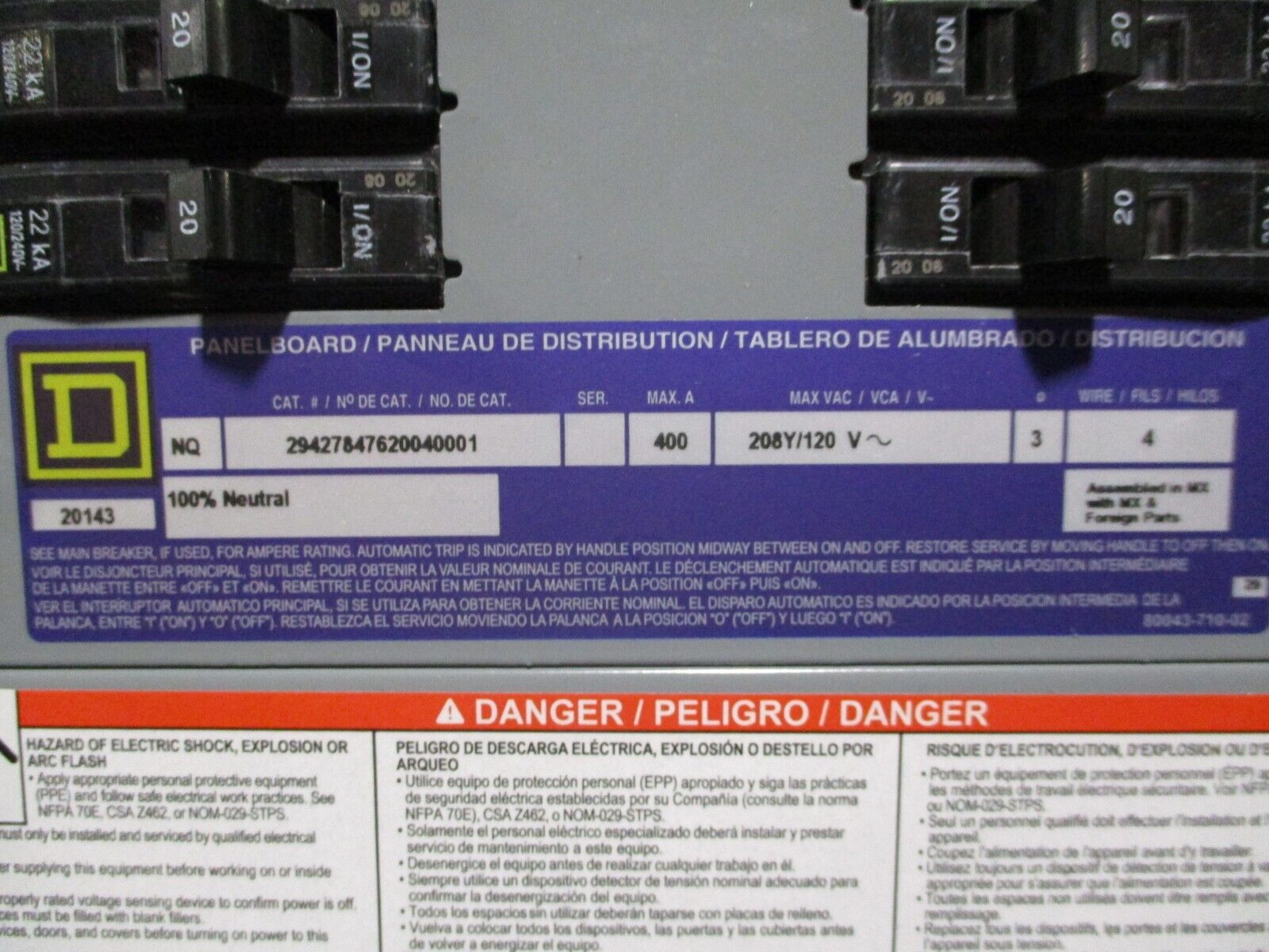 Main Lug NQ Panelboard Interior w/ Box & Cover 400A 208Y/120V 4W 3Ph 54-Space