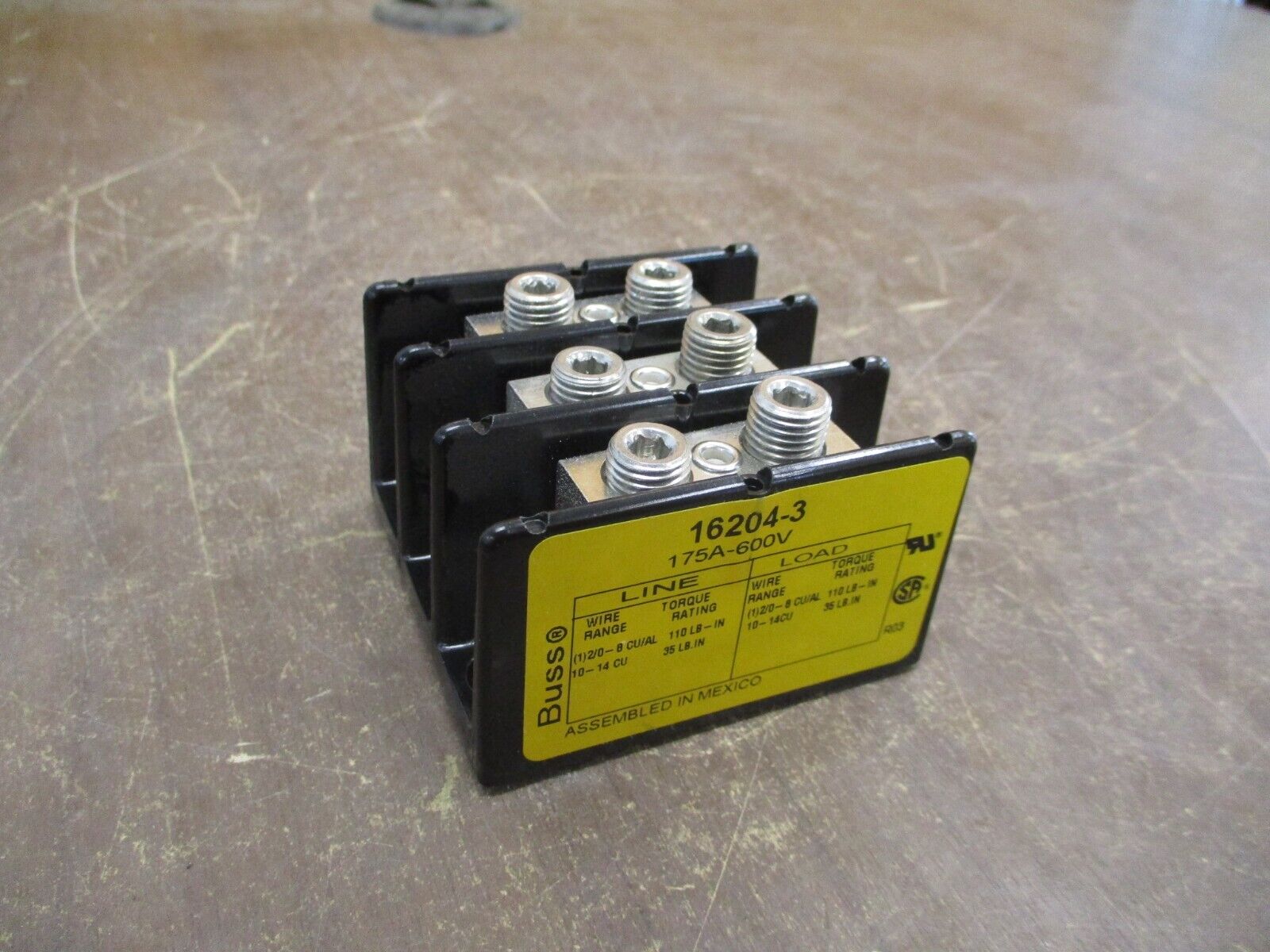 Buss Power Distribution Block 16204-3 175A 600V 3P Line (1): 2/0-8, 10-14 Used