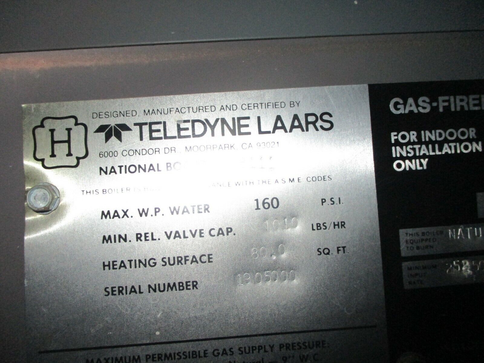 Teledyne Laars Natural Gas Hot Water Boiler HH1010IN09K1A 1010000 BTU Input Used