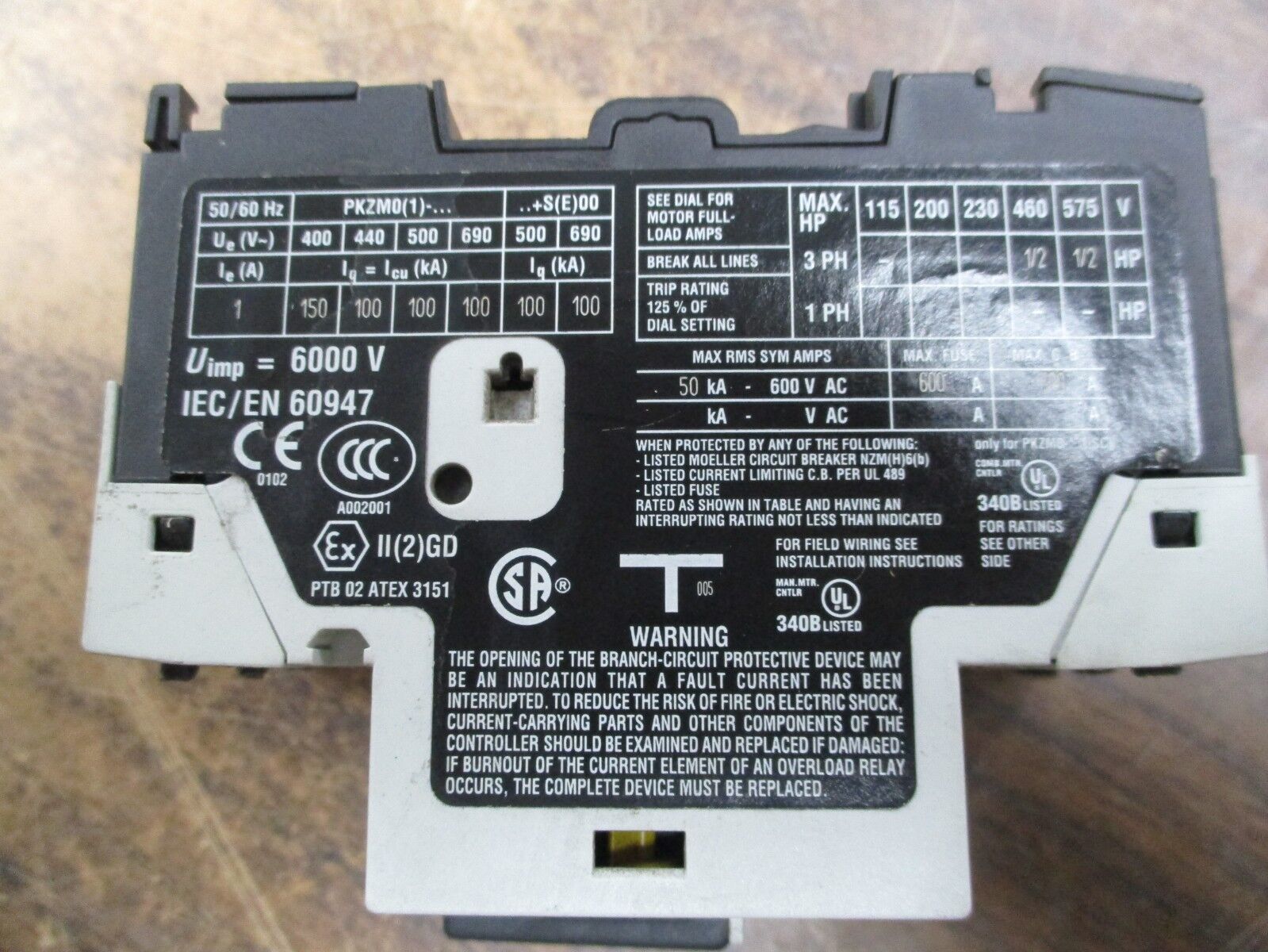 Moeller Motor Protector PKZM0-1-C Trip: .63-1.0A 600V Used