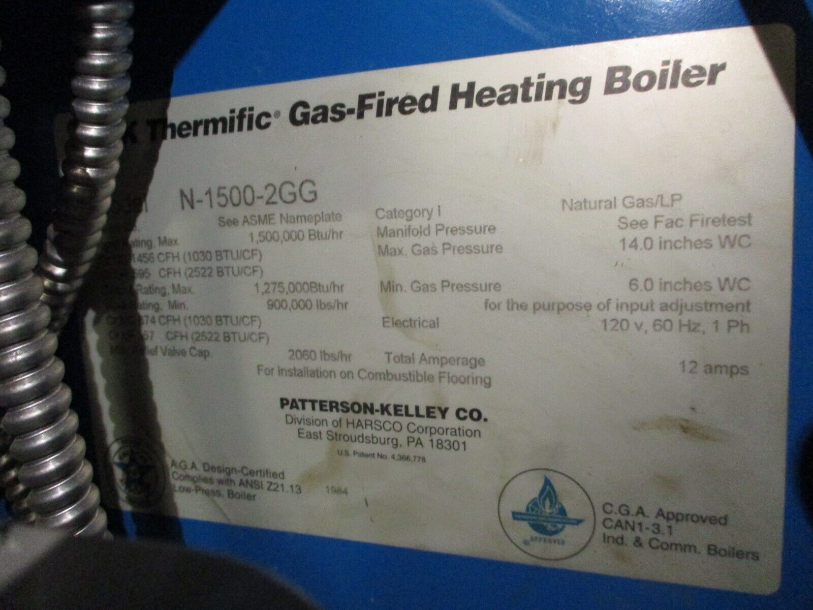 P-K Thermific Boiler N-1500-2GG Natural Gas 1,500,000 BTU 120V 60Hz 1Ph Used