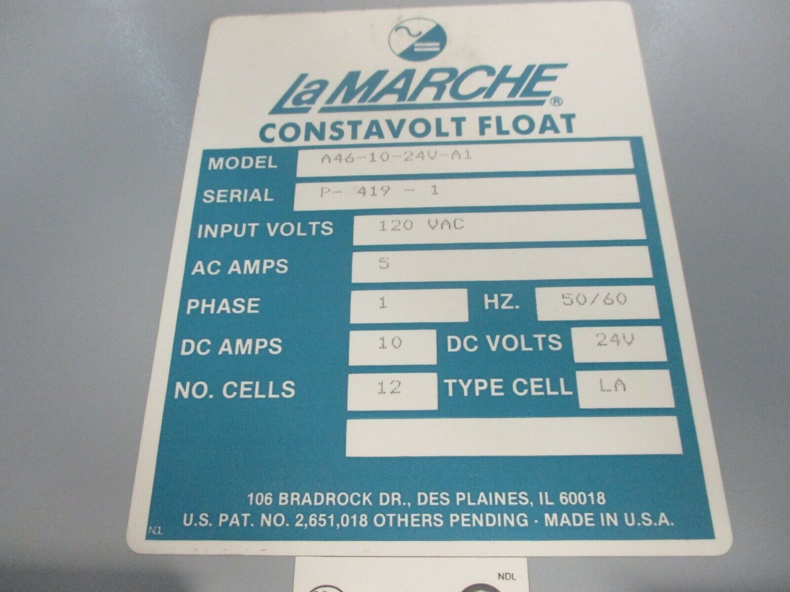 La Marche Constavolt Float Battery Charger A46-10-24V-A1 Used