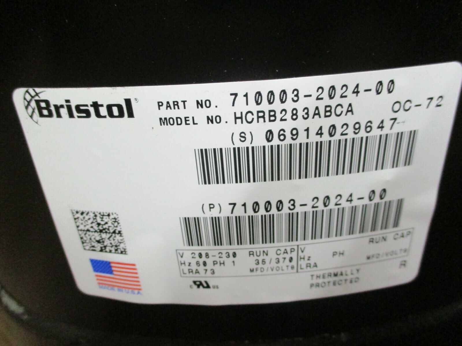 Bristol Compressor 710003-2024-00 Model #: HCRB283ABCA 208-230V 60Hz 1Ph