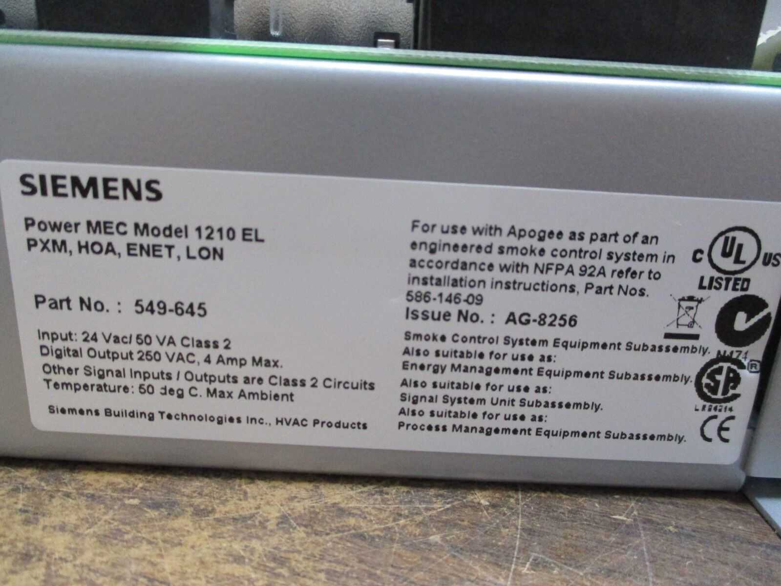 Siemens APOGEE Automation Model 1210 EL Power MEC 549-645 PXM,HOA,ENET,LON, Used