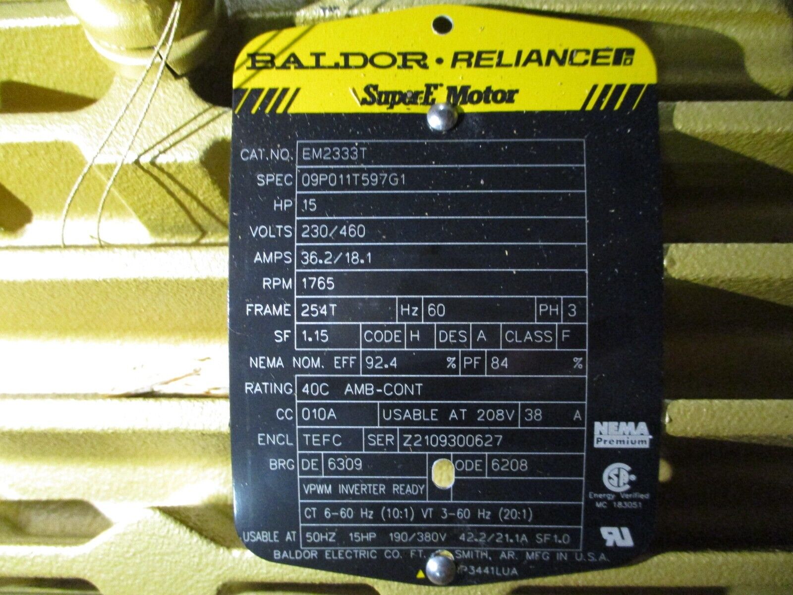 Baldor Motor EM2333T 15HP 1800RPM 230/460V 36.2/18.1A 3Ph 60Hz New Surplus