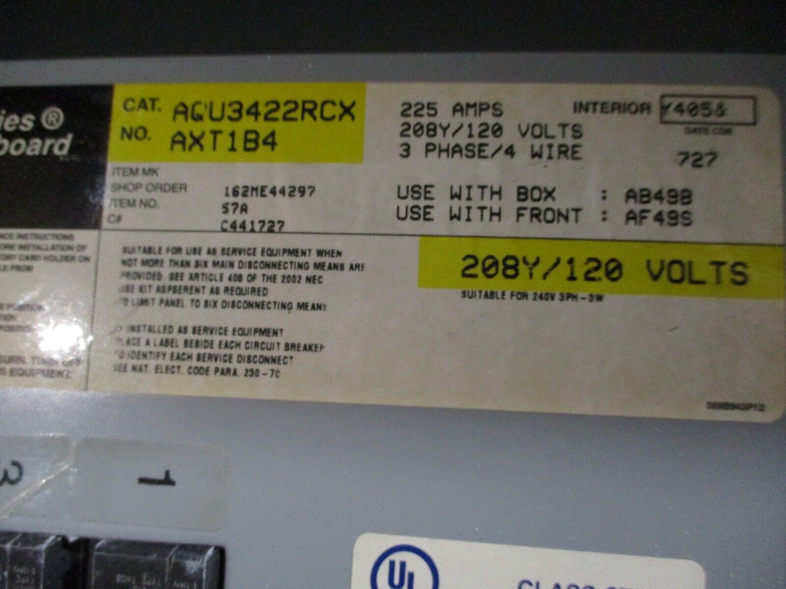 GE Main Breaker Circuit Breaker Panel AQU3422RCX 225A Max, 225A Main 208/120V