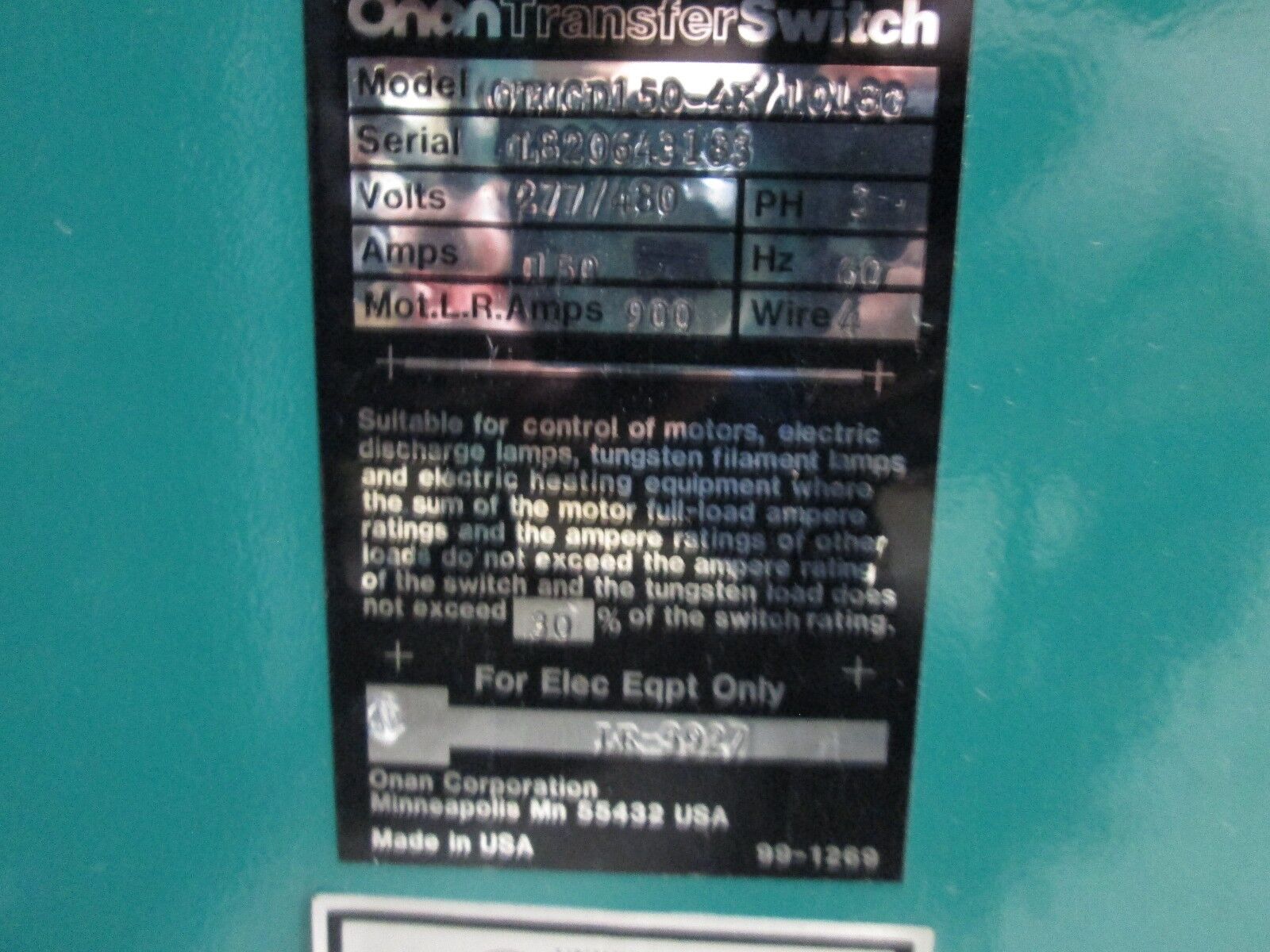 Onan OT Switch OTUCD150-4X/1018C 150A 277/480V 3Ph 4W Used