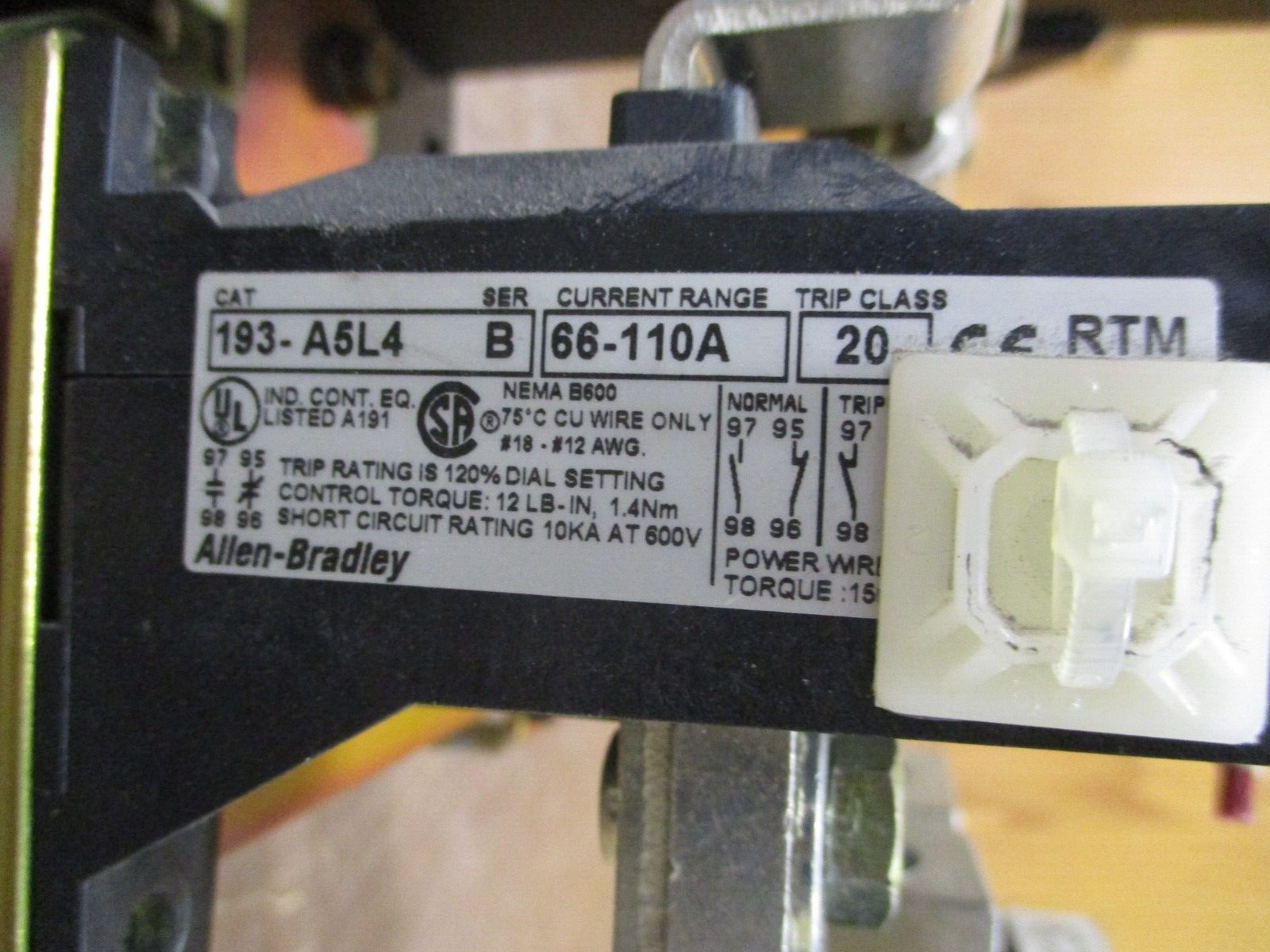 Allen-Bradley Starter 100-B110N*3 / 193-A5L4 120V Coil Trip: 66-110A 600V Used