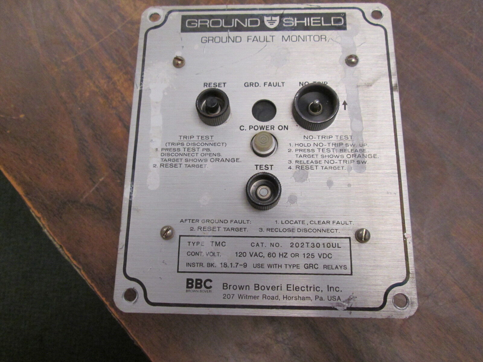 BBC Type TMC Ground Fault Monitor 202T3010UL 120V 60Hz 125VDC Used