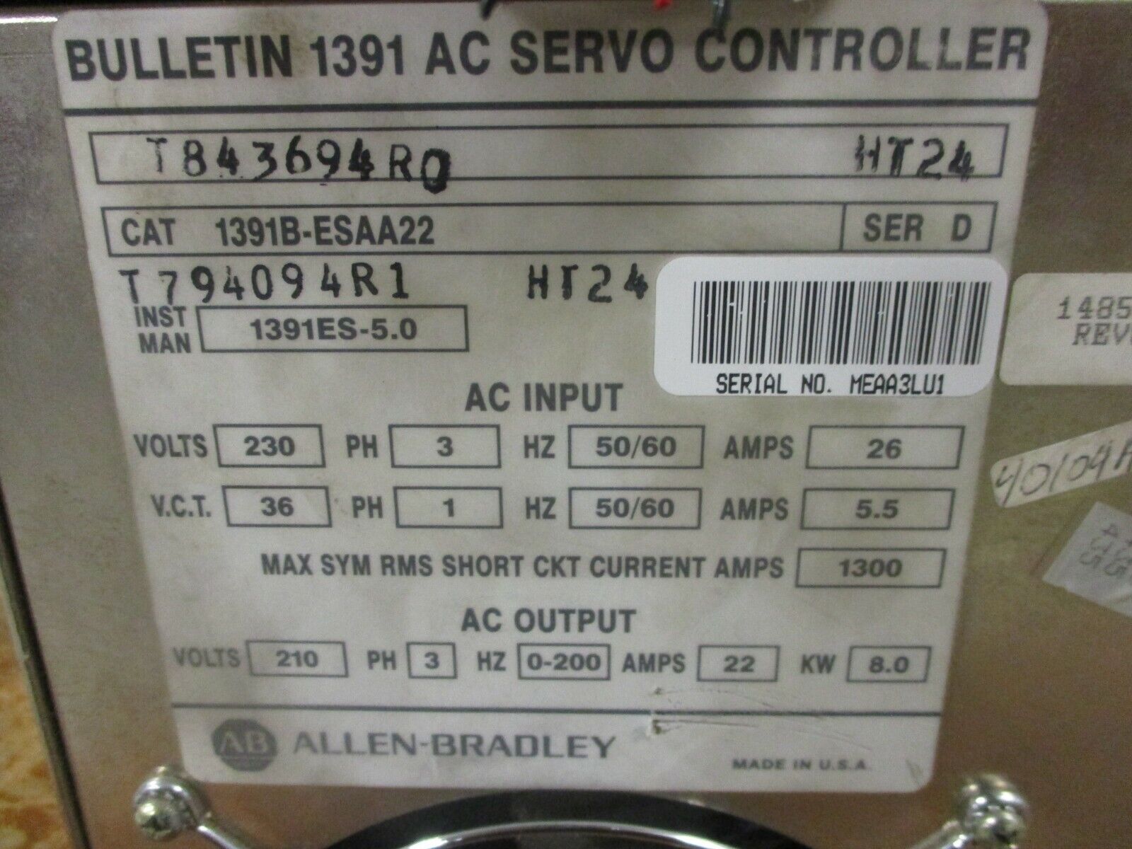 Allen-Bradley AC Servo Controller 1391B-ESAA22 Ser. D Used