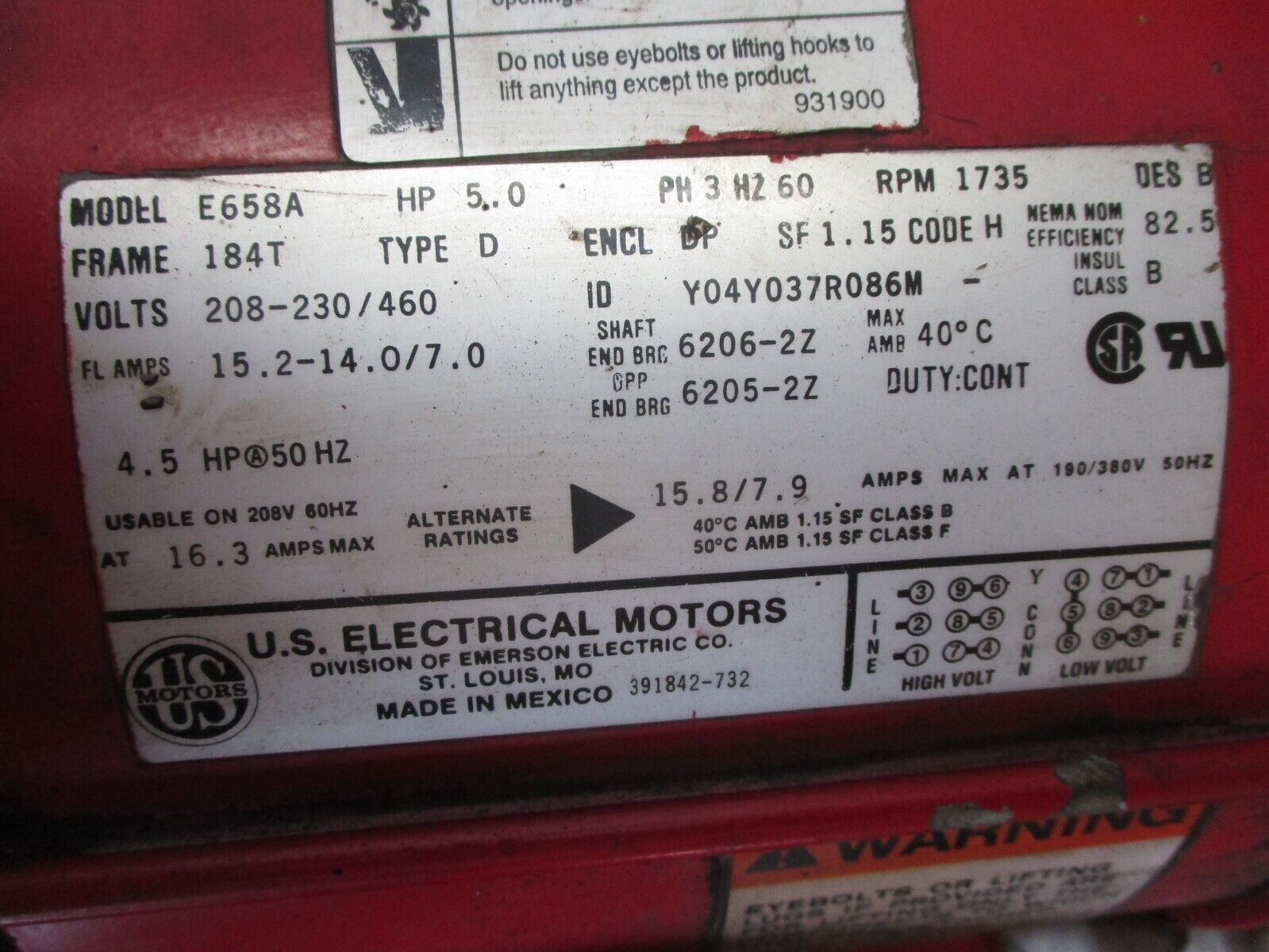 U.S. Motors Motor E658A 5HP 3Ph 1800RPM 60Hz 208-230/460V 15.2-14/7A Used