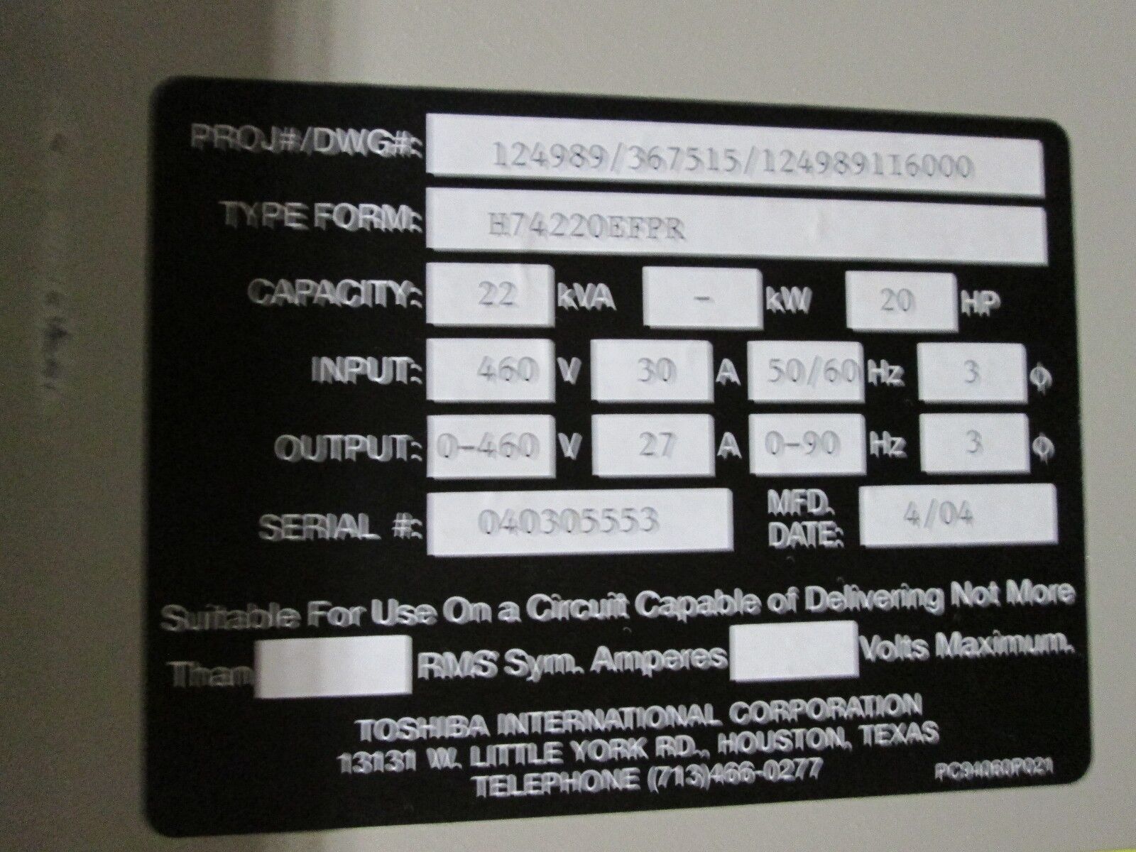 Toshiba H3 AC Drive VT130H7U4220 H74220EFPR 20HP Used