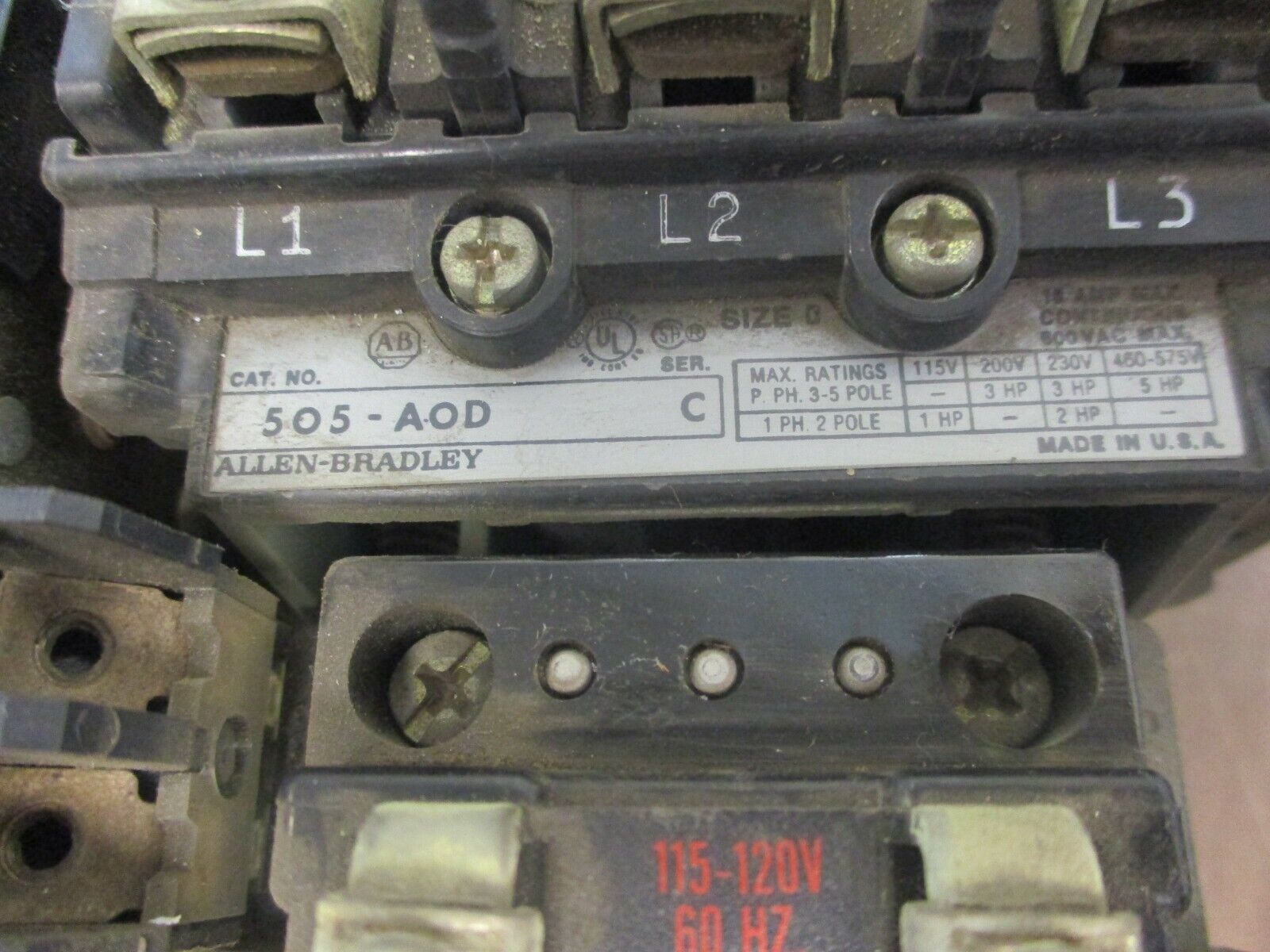 Allen-Bradley Size 0 Reversing Starter 505-AOD Ser. C 120V Coil 18A 600V Used