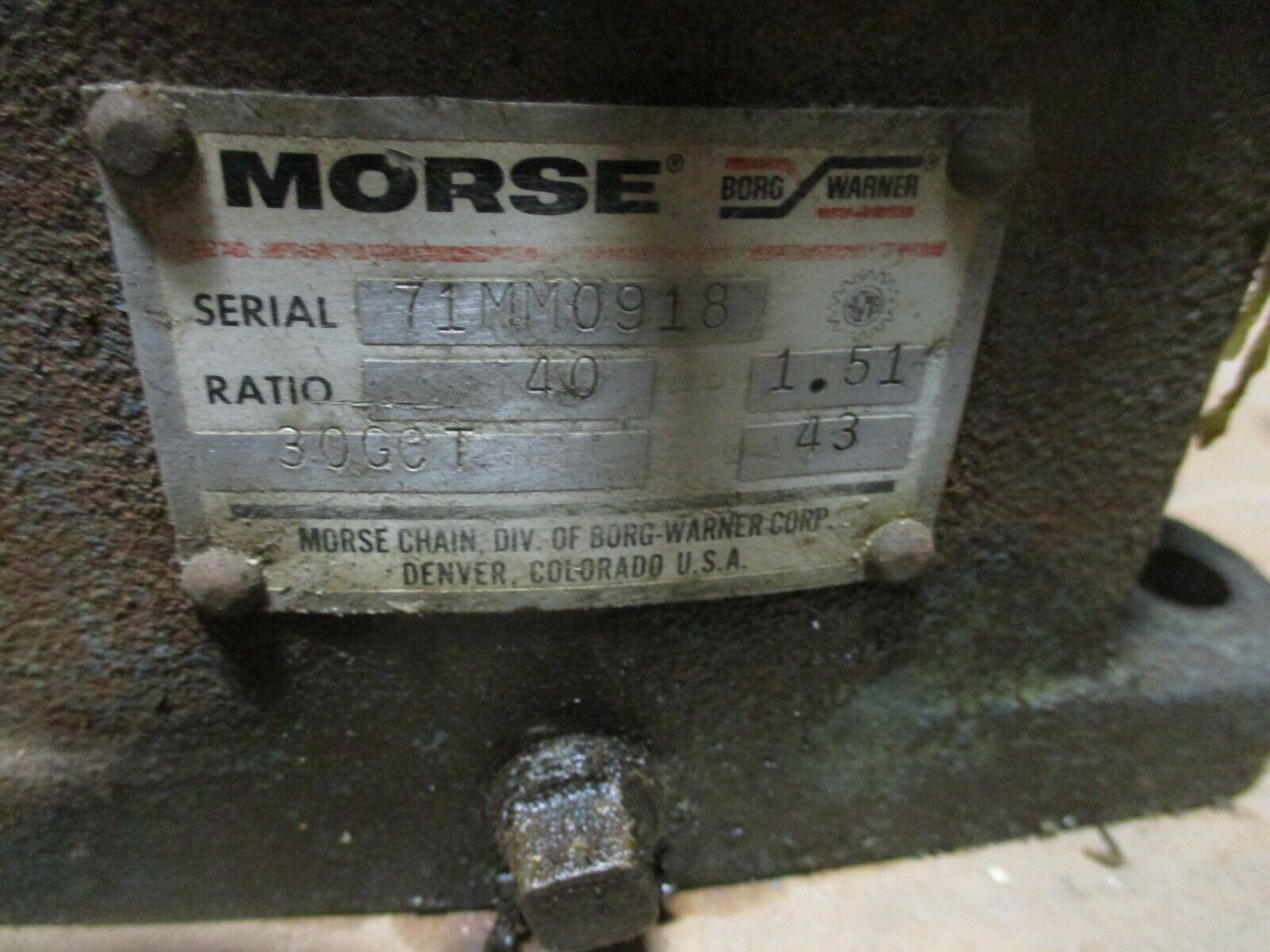 Morse Gear Reducer 30GCT Ratio: 40 43RPM Out Used