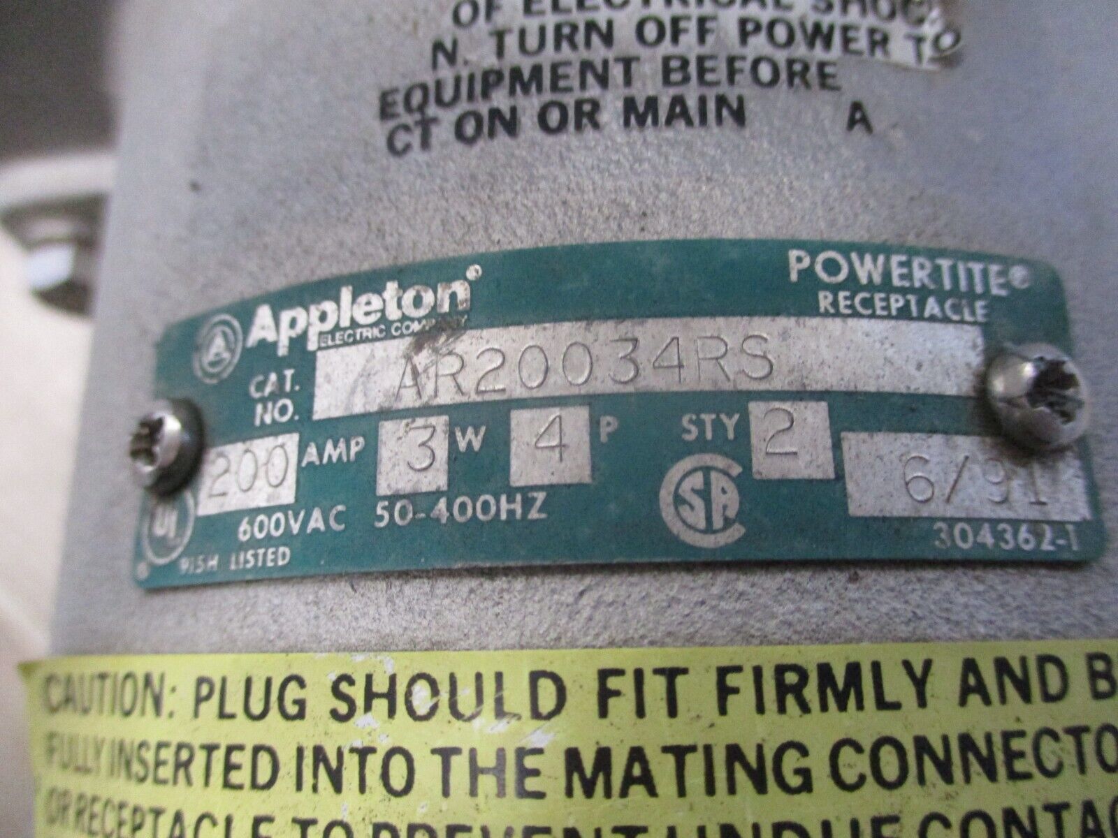 Appleton Reverse Service Powertite Receptacle AR20034RS 200A 600V 3W 4P 50-400Hz