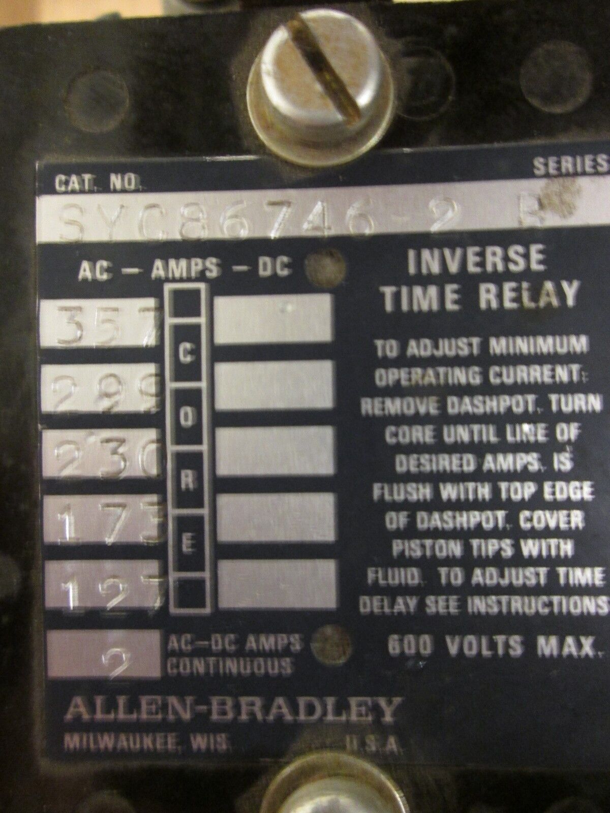 Allen-Bradley  Inverse Time Relay  SYC86746-2  600V  Used