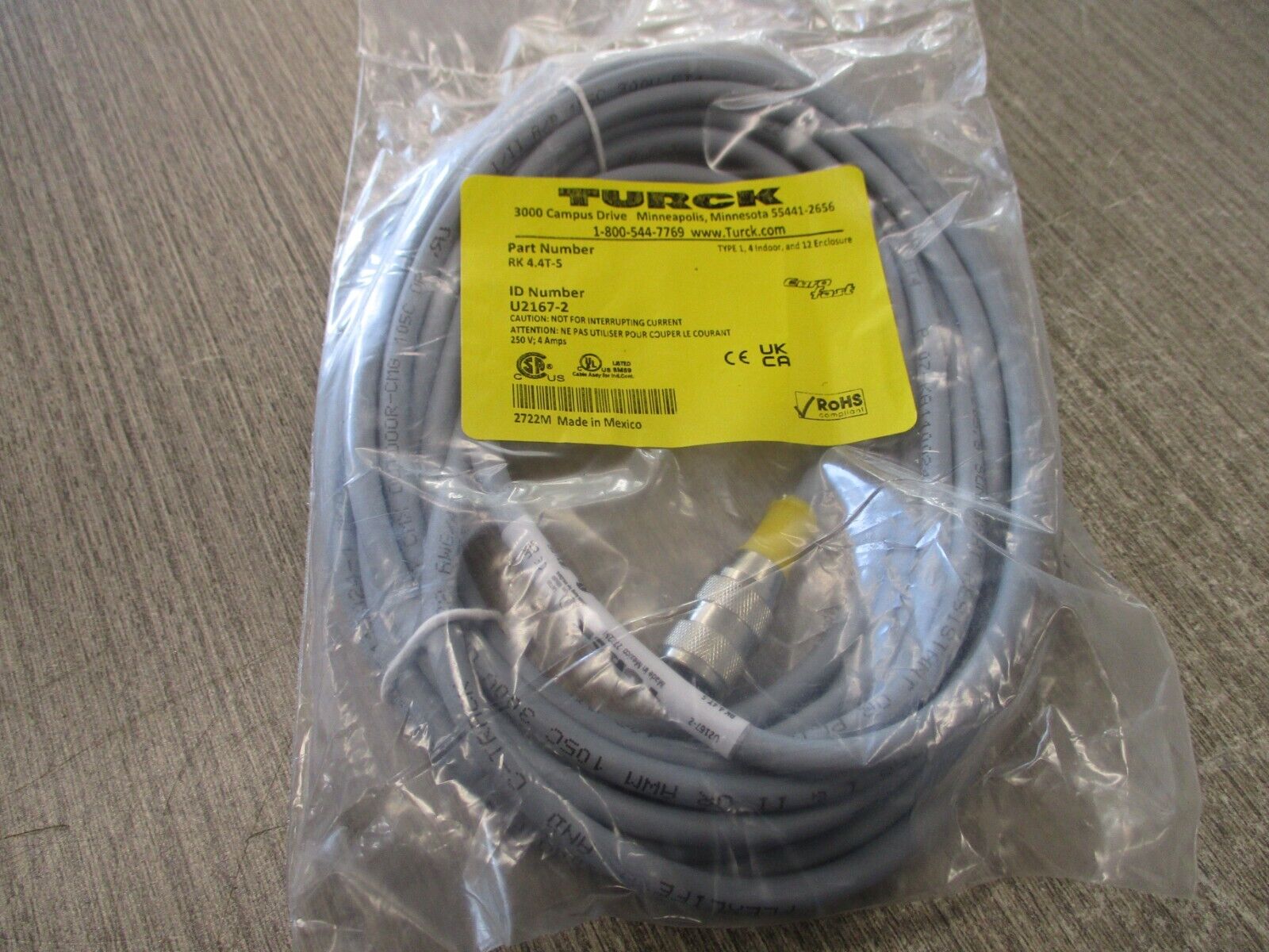 Turck Actuator & Sensor Cordset RK 4.4T-5 Length: 5m 250V 4A New Surplus