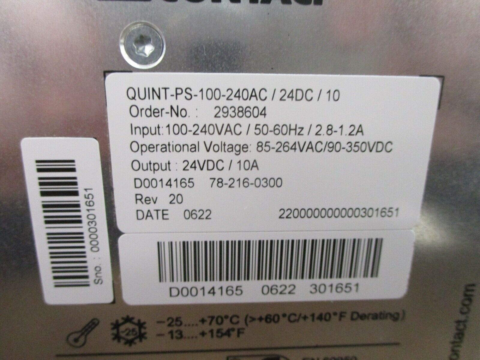 Phoenix Contact Power Supply QUINT-PS-100-240AC / 24DC / 10 Rev. 20 Used