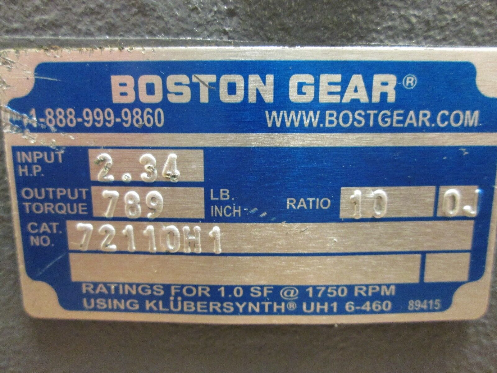 Boston Gear Reducer 72110H1 Ratio 10:1 2.34 HP IN 789 LB-IN Torque Out