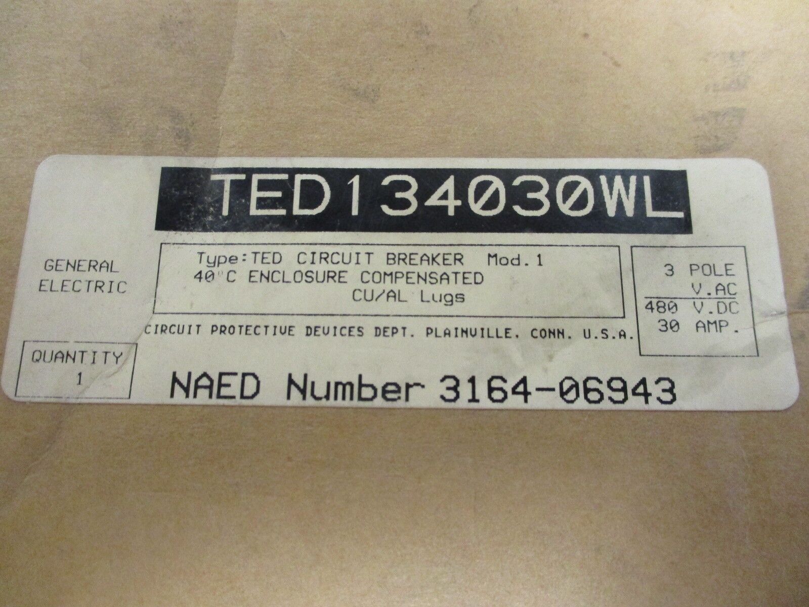 GE TED Circuit Breaker TED13403WL 30A 480V New Surplus
