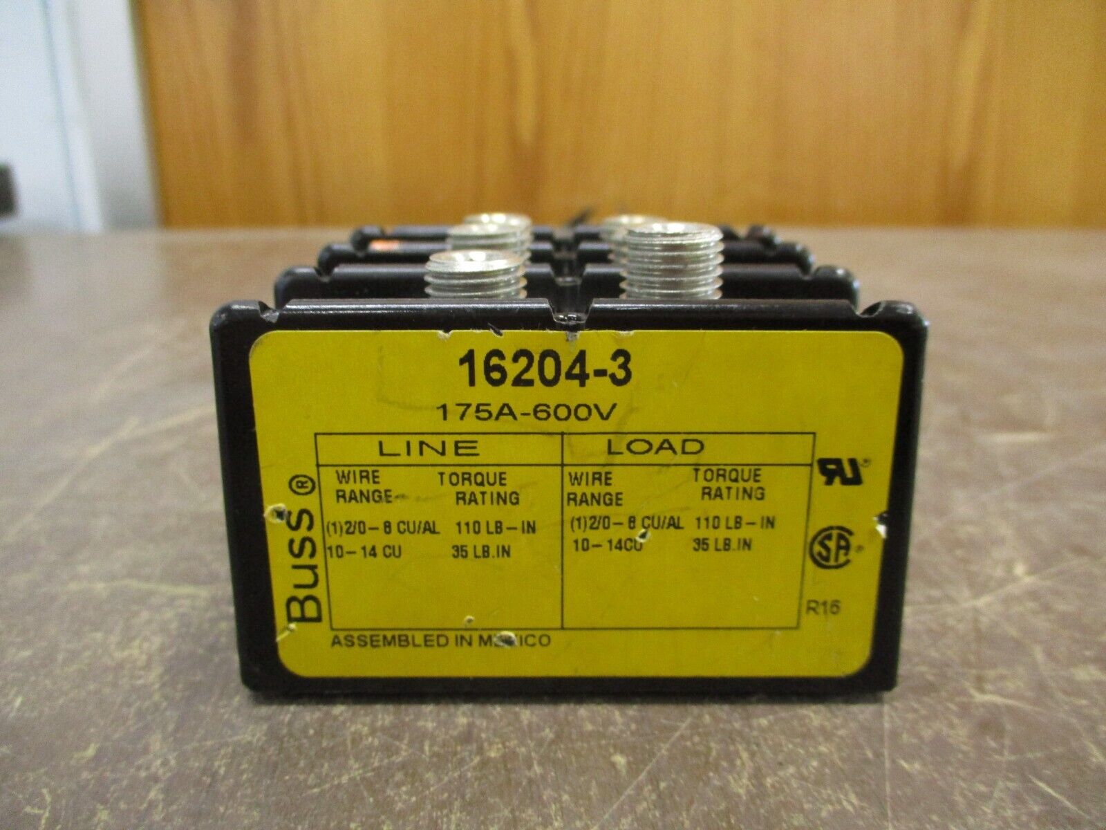 Buss Power Distribution Block 16204-3 175A 600V 3P Line (1): 2/0-8, 10-14 Used