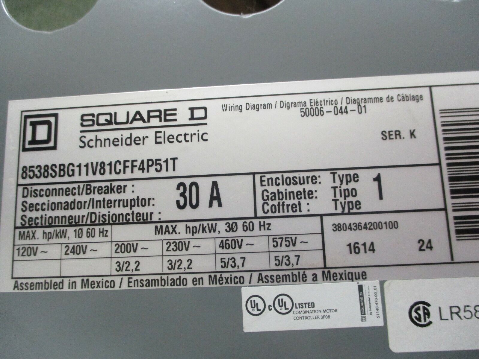 Square D Size 0 Combination 8538SBG11V81CFF4P51T 120V Coil 30A Used
