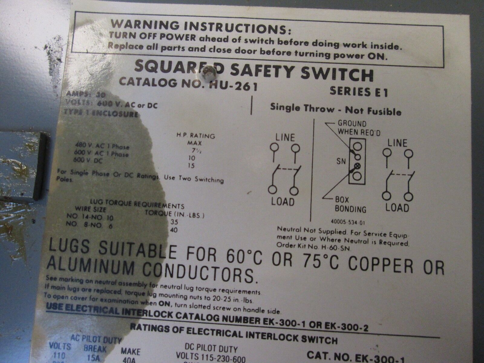 Square D Non-fusible Safety Switch HU-261 30A 600V 2P New Surplus